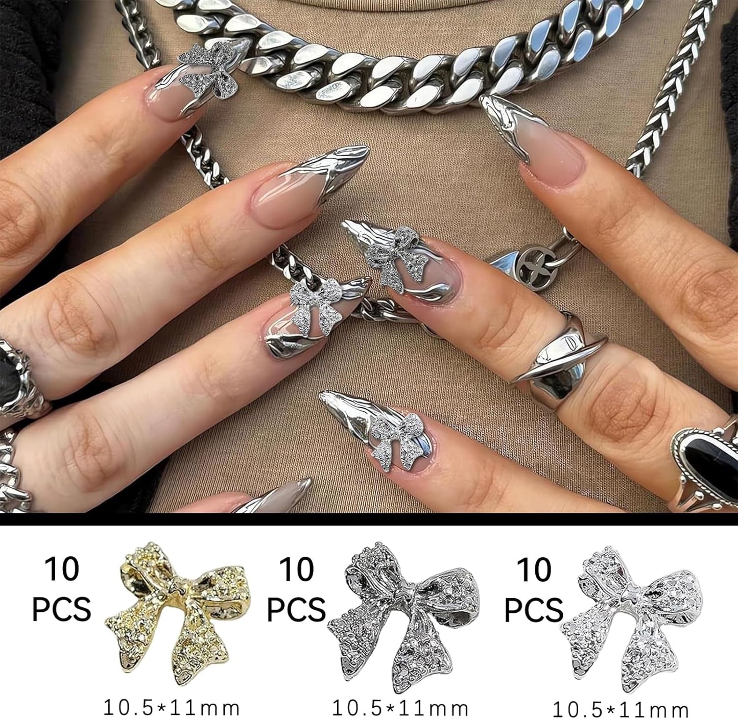 30 Stück Metall-Nagelschleifen, gold-silbergraue Schleifen, Nagelzubehör, Nageldekorationen für Frauen und Mädchen, Nagelkunst-Design