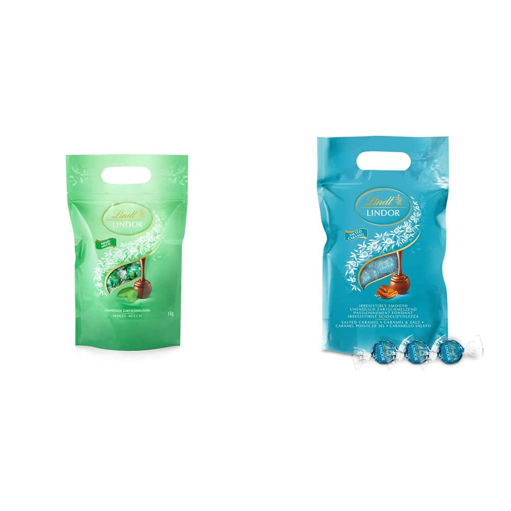 LINDOR Schokokugeln | 1 kg wiederverschließbarer Beutel | ca. 80 Vollmilchschokoladenkugeln mit Minzfüllung | Großpackung & LINDOR Salzkaramell-Schokoladenkugeln