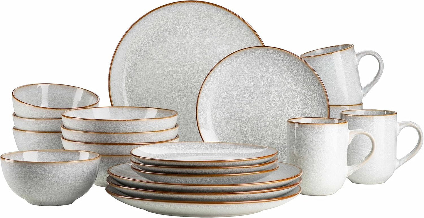 MÄSER Mabella, Vintage-Geschirrset für 4 Personen, 20-teiliges Kombiservice mit raffinierter Reaktivglasur und feinem braunem Rand, Steingut, Grau-Beige