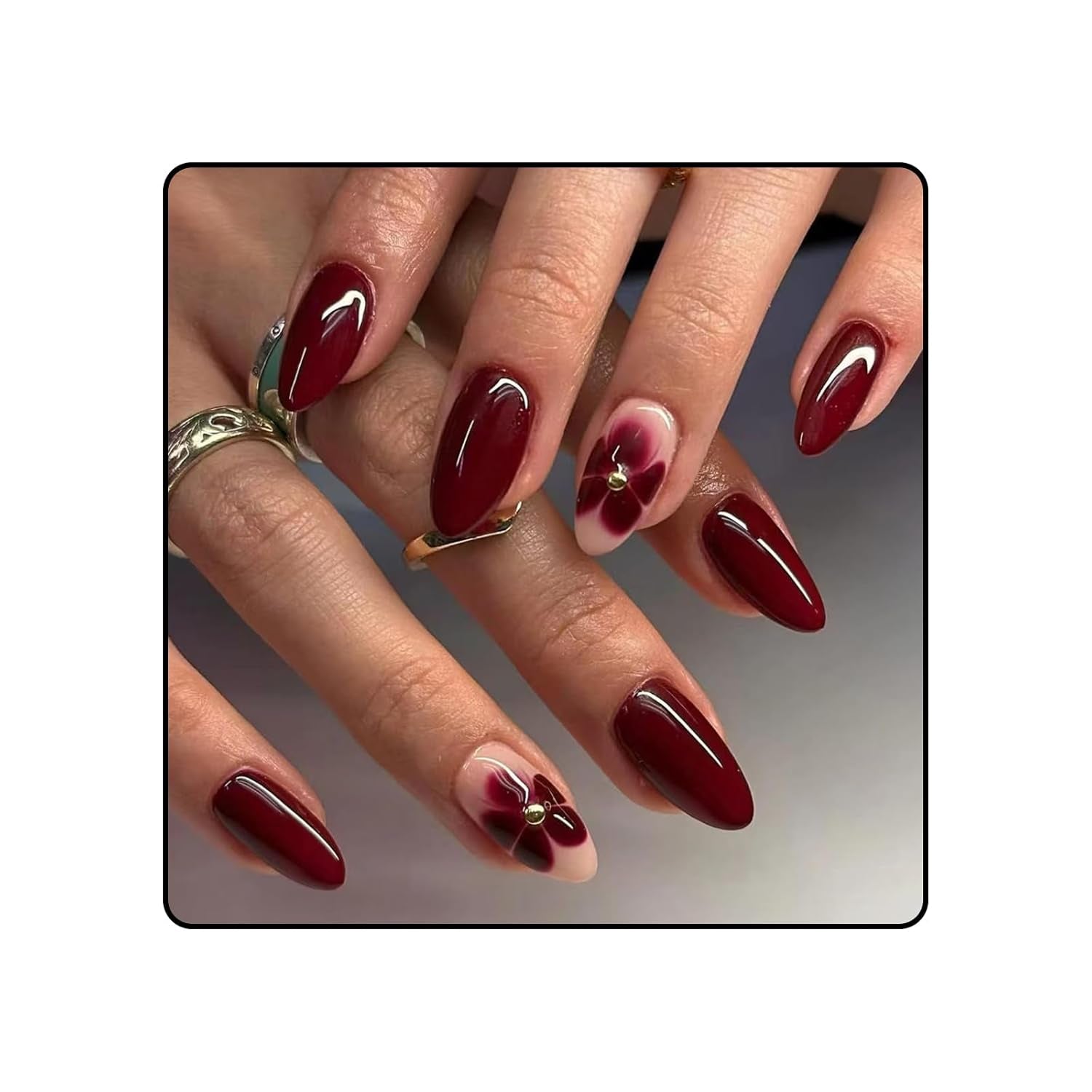 24 burgunderfarbene Blumen mit Diamantrüstung, Nagelpresse, künstliche Nägel aufkleben, Nagelspitzen-Set