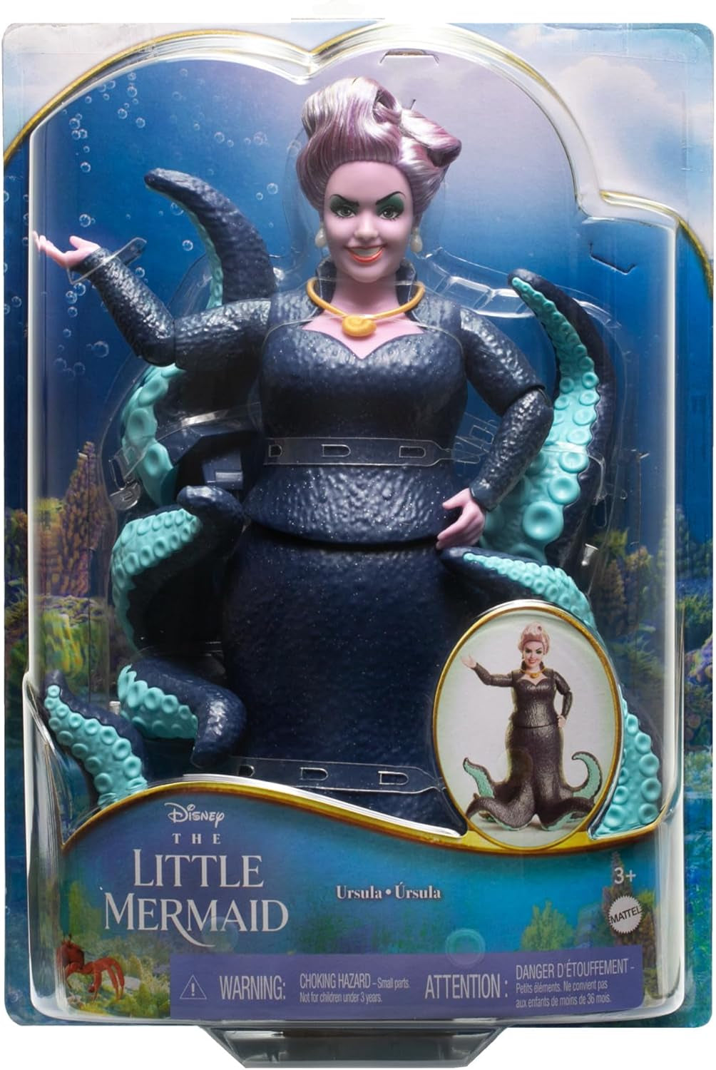 Mattel DISNEY Arielle, die kleine Meerjungfrau – Ursula mit Tentakeln, abnehmbarer Halskette und Lavendel-Dutt für endlosen Styling-Spaß, geeignet für Kinder ab 3 Jahren, HLX12