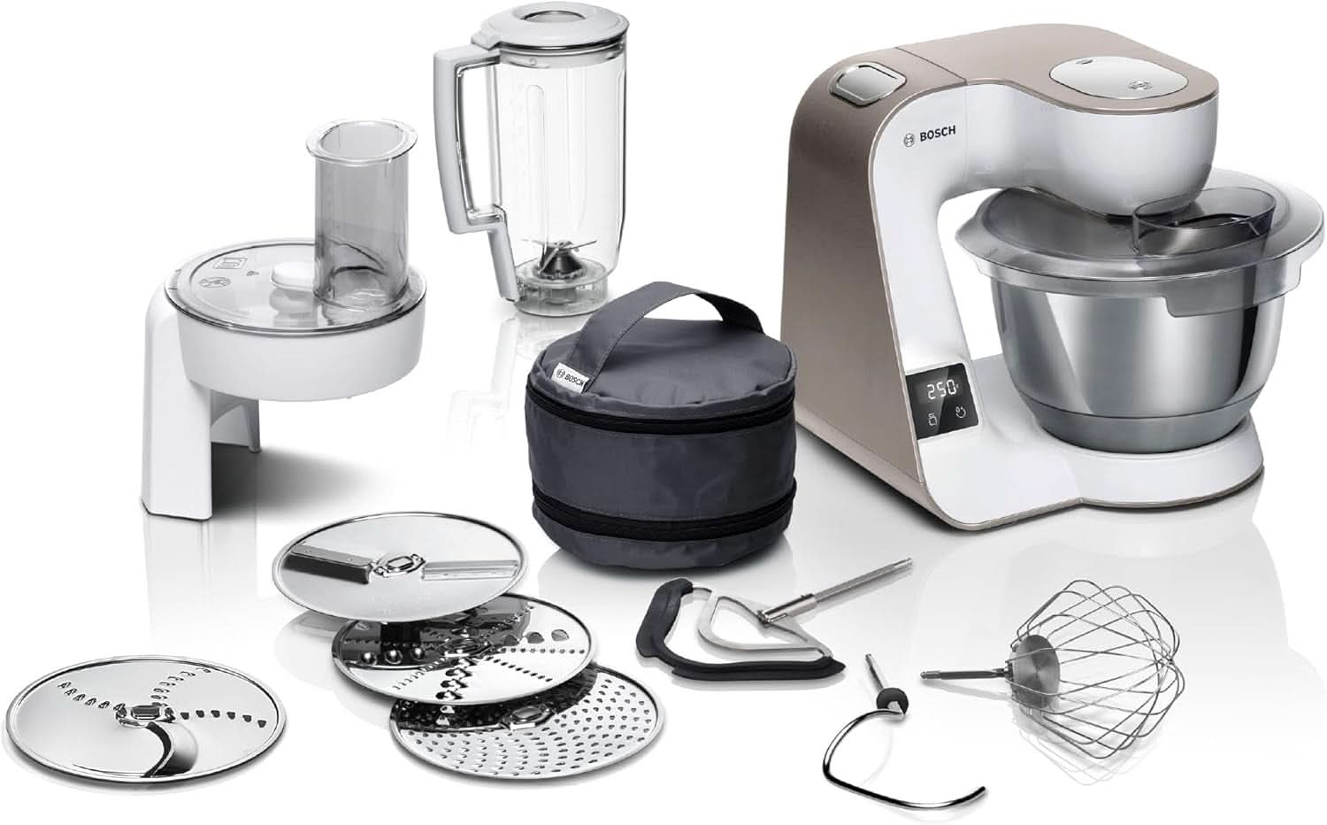 Küchenmaschine Bosch Serie 4 MUM5X720, integrierte Waage, Edelstahlschüssel 3,9 l, Mixer 1,25 l, 1000 W, Zubehör für Lebensmittel und Stillen, Bebe Naty Shop, integrierte Waage, Weiß, 2 Zubehörteile