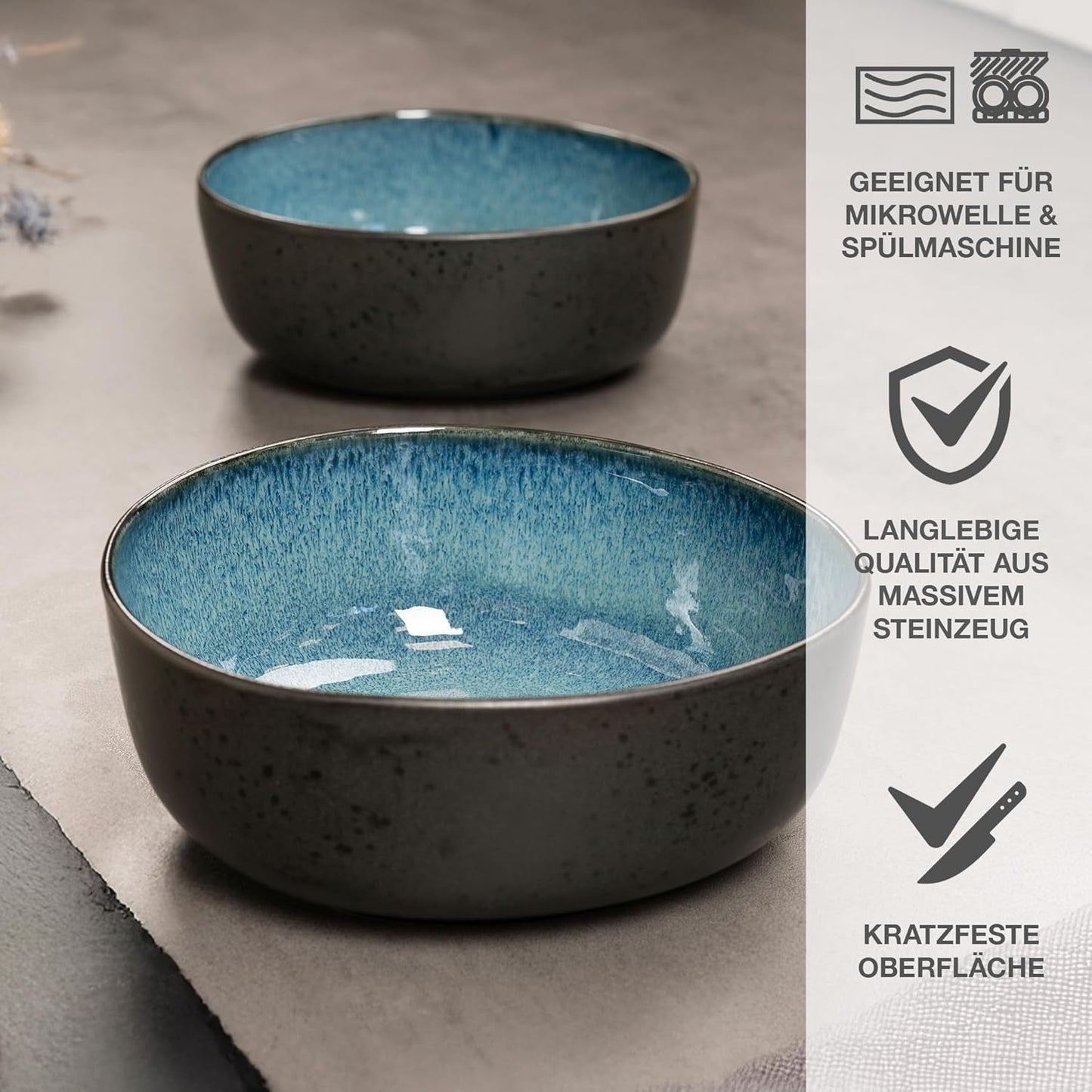 Moritz & Moritz ORGANIC Servierschalen-Set, Blau – 2 große hochwertige Steinzeugschalen, modern und zeitlos, mikrowellen- und spülmaschinenfest – perfekt für Salate, Pasta, Snacks und mehr