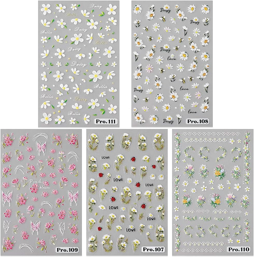 5Pcs Geprägte Gänseblümchen Nagelsticker Selbstklebend Blumen Nagelaufkleber Gänseblümchen Schmetterling Nagel Sticker Nageldesign Aufkleber Nägel Zubehör Blume Nail Sticker Flower Nail Art Sticker