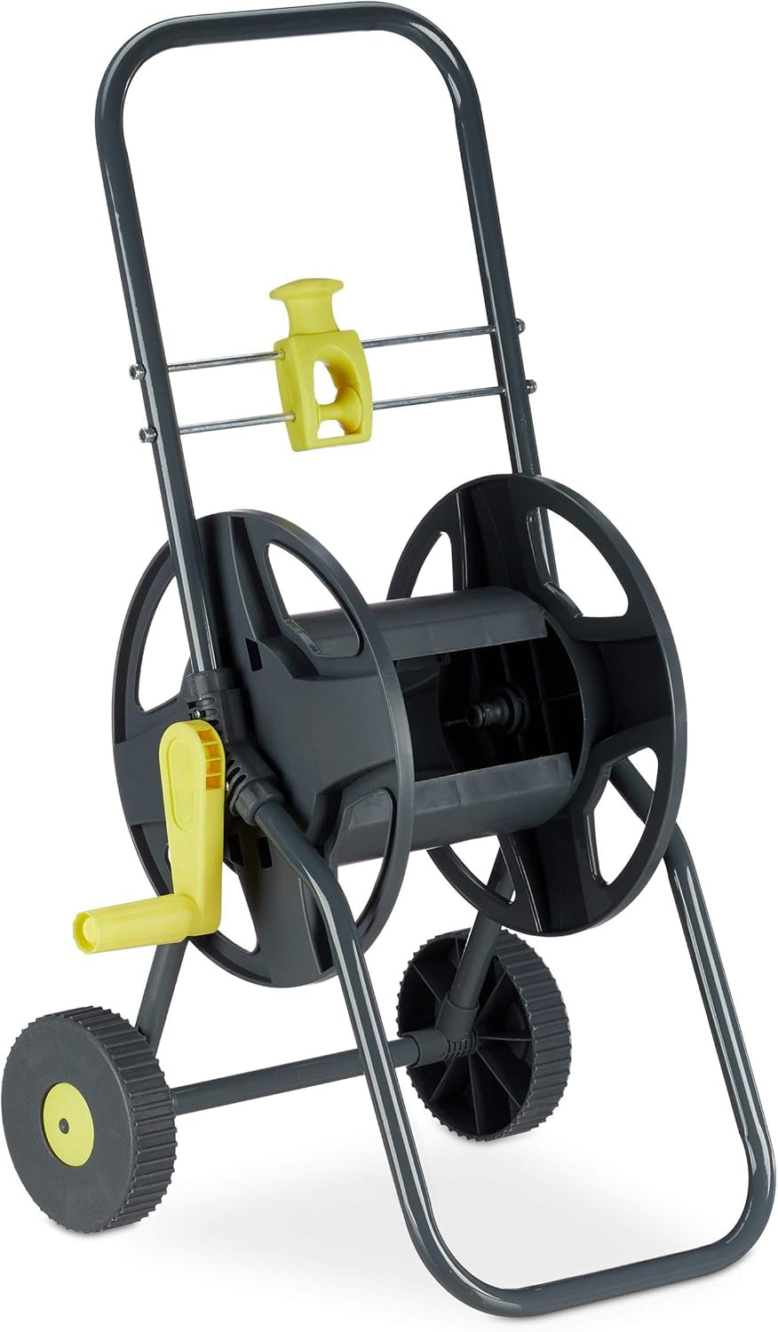 Relaxdays 45m Schlauchwagen, mobile Garten- und Balkonschlauchtrommel, mit Schlauchführung, 76,5x44x41 cm, grau-gelb