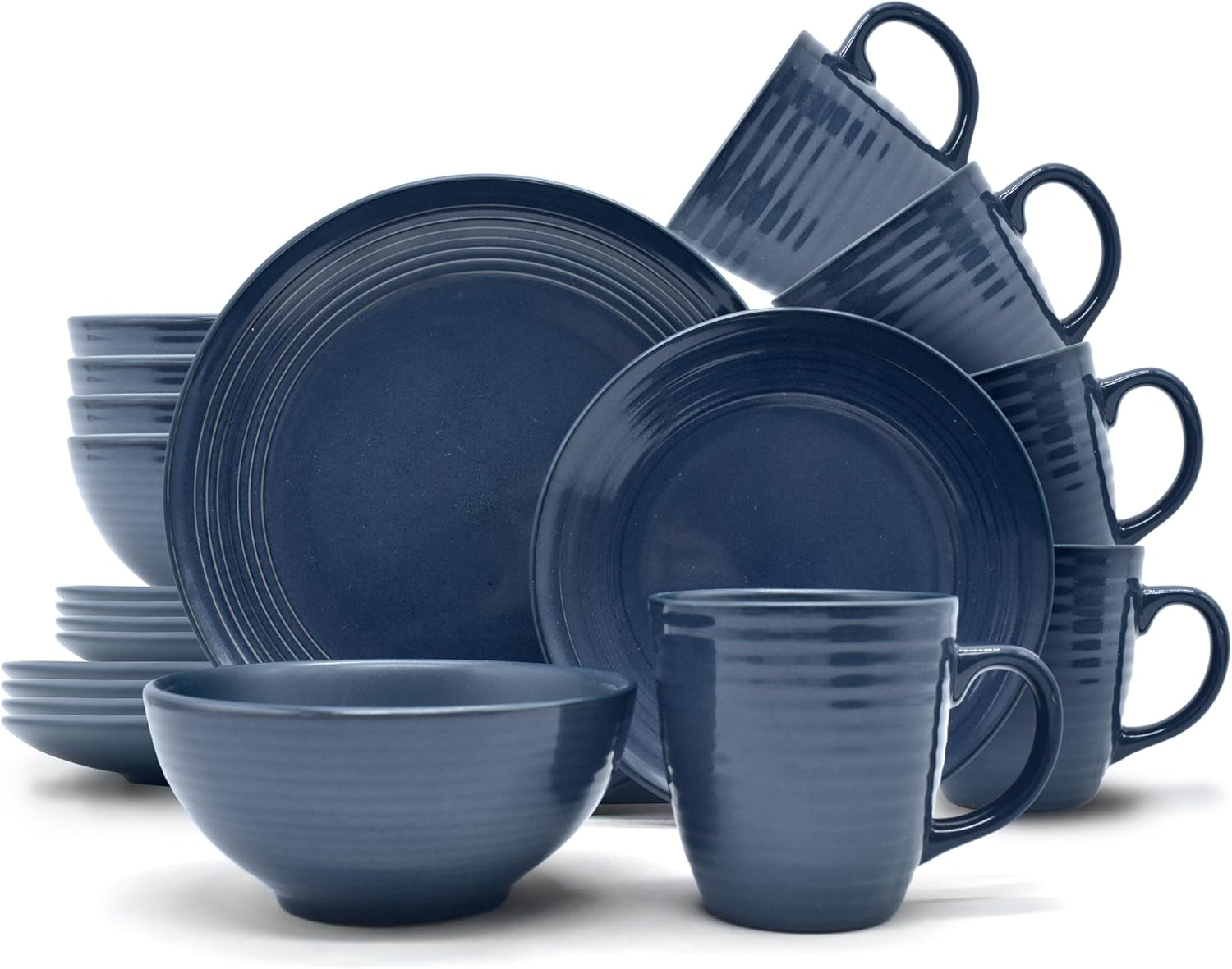 ECHTWERK „Alicia“ 16-teiliges Vintage-Kombinationsgeschirr-Set, modernes Design für 4 Personen, elegantes dunkelblaues Steinzeug-Geschirrset mit 4 Tellern, 4 Beilagentellern, 4 Schüsseln und 4 Teetassen