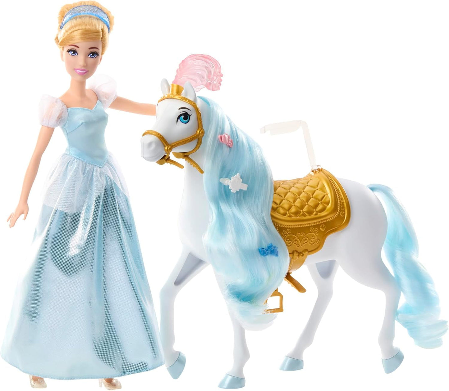 Bewegliche Mattel DISNEY Prinzessin Aschenputtel-Puppe mit glitzerndem Outfit, abnehmbaren Schuhen und Tiara, kämmbares Haar für Friseurspaß, ab 3 Jahren, HLW06 Naty Shop-Puppen gesattelt und bereit für den Ball