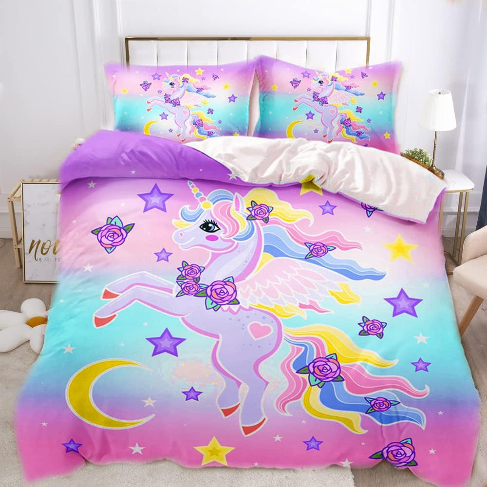 Bettwäsche für Mädchen, Einhorn, 2 Kissenbezüge, Bettwäsche – Kinder, Naty Shop Einhorn, Regenbogen, mehrfarbig, 135 x 200 cm