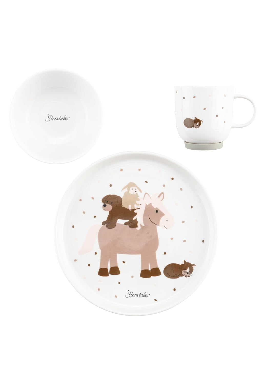 Sterntaler Porzellan-Geschirr-Set im rustikalen Design – rutschfester und abnehmbarer Silikon-Geschirr-Set – Baby- und Kindergeschirr mit Teller, 400-ml-Schüssel und 200-ml-Becher, weiß