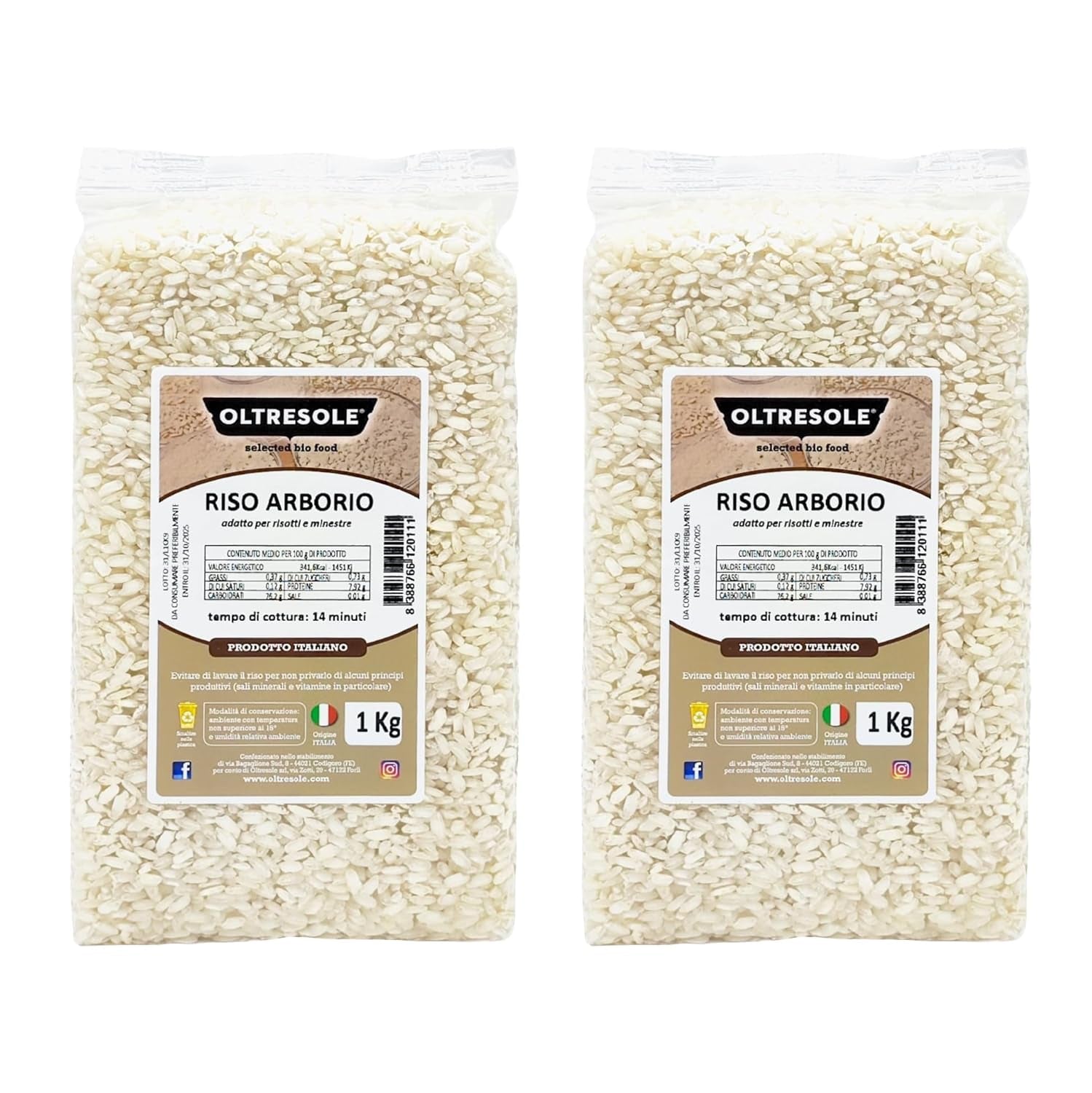 Handwerklich hergestellter italienischer Arborio-Reis, großkörniger und stärkehaltiger Reis, ideal für Suppen, Risottos und Reissalate, vakuumverpackt in 2 1-kg-Beuteln