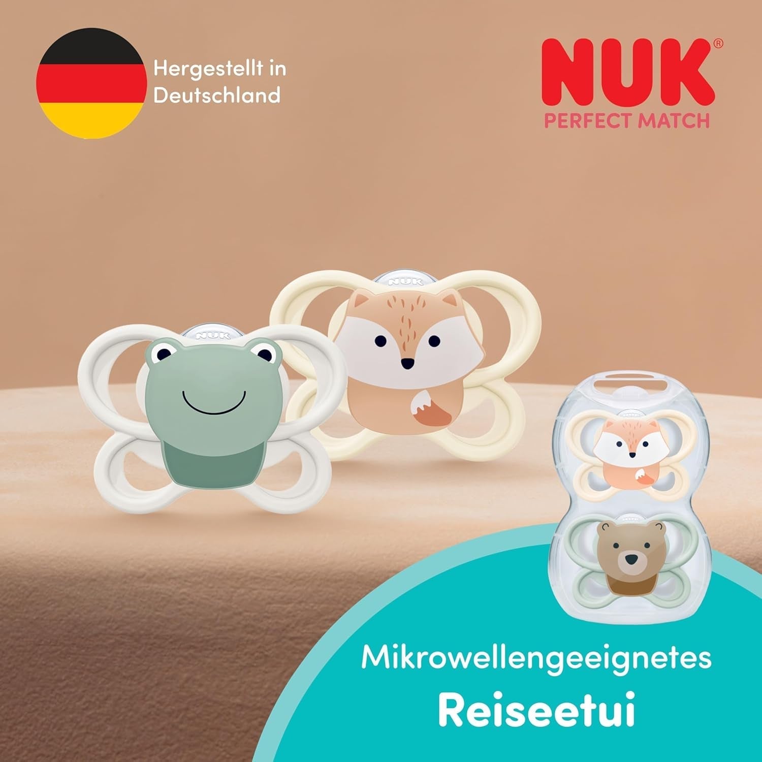 NUK Perfect Match Luftschnuller für Babys | 0-6 Monate | Kieferorthopädische Schnuller, die die Luftzirkulation fördern und das Sabbern verhindern | 95 % Akzeptanz bei Babys** | Fuchs/Teddybär | 2 Stück