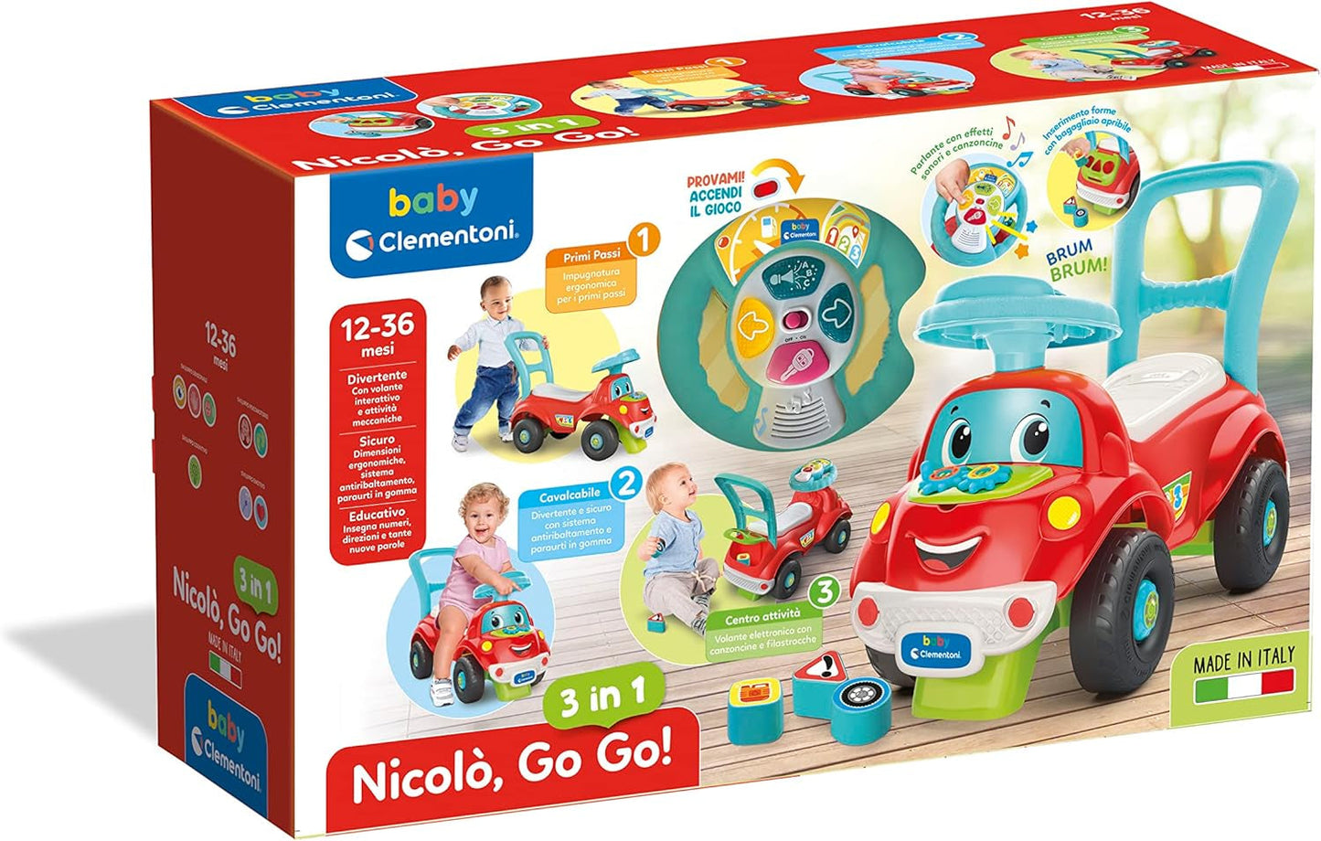 Clementoni – 17747 – Nicolò Go Go 3 in 1 – Reitauto, elektronischer Lernlautsprecher, erste Schritte, Lichter und Geräusche, Spiel für 1-Jährige – Made in Italy Bebe Toys Naty Shop