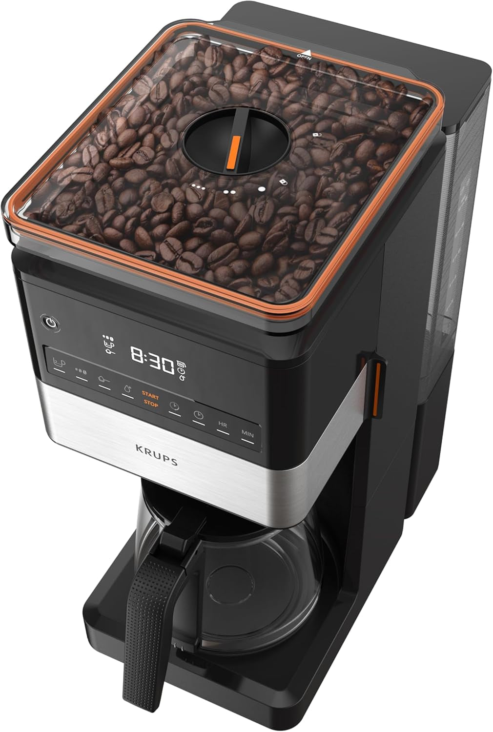 KRUPS Grind Aroma XL Espressokocher, abnehmbares konisches Mahlwerk, digitales Bedienfeld, XL-Kapazität (1,5 l), Warmhaltefunktion, Glaskaraffe, Schwarz/Edelstahl, KM842810