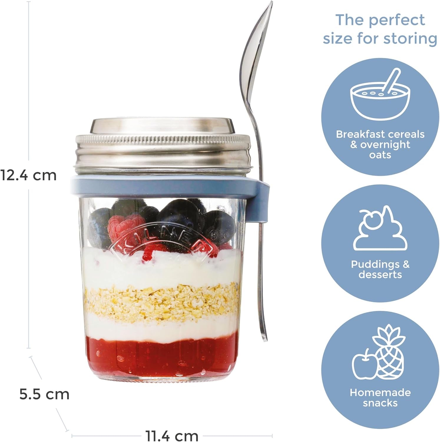 Kilner Frühstücksglas mit Löffel / 350 ml, Ø 9,5 cm / 5 Stück | Müslibecher zum Mitnehmen / ungiftig / Glasbehälter mit Deckel für Müsli, Porridge und Joghurt / Overnight-Oats-Behälter Naty Shop Lebensmittelaufbewahrungsboxen
