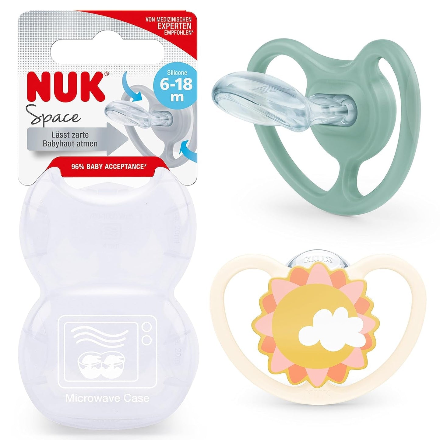 NUK Space Baby Schnuller 6–18 Monate, extra große Öffnungen für empfindliche Haut, BPA-freies Silikon, Zebramuster, 2er-Pack