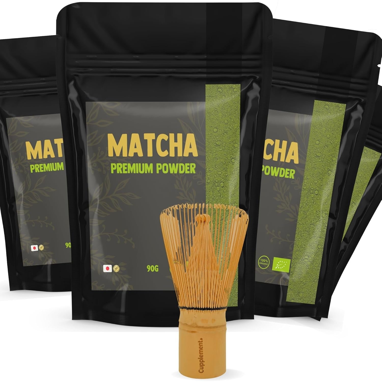 Cupplement Matcha 90 Gramm Bio – Grüner Tee in Pulverform höchster Qualität – Kein Bambusbesen und -draht – Kulinarik – Einsteigerset – Latte – Schneebesen – Japan – Pulver – Tee – Draht – Beutel – Smoothie