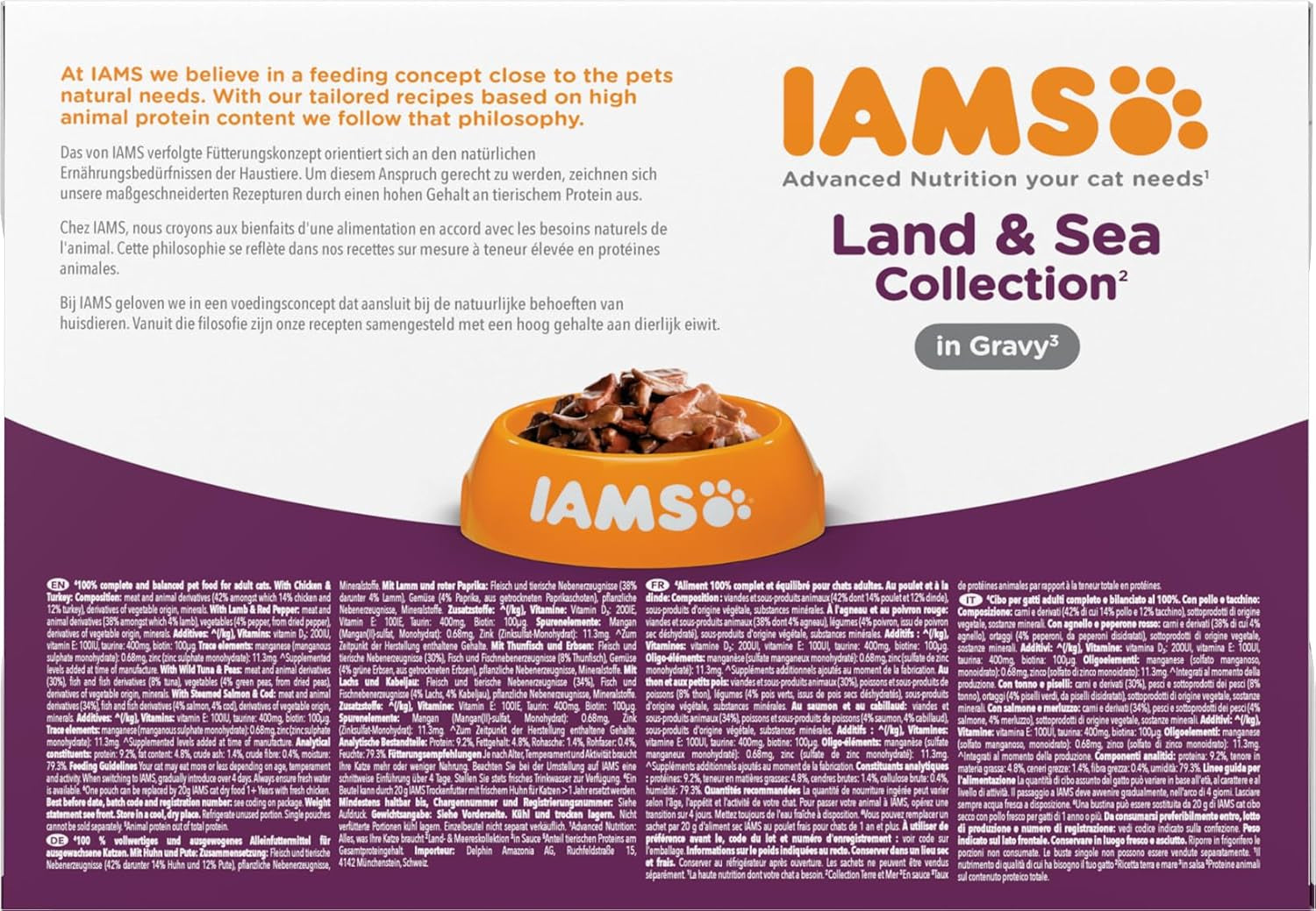 IAMS Delights Land & Sea Collection Nassfutter für Katzen – Fleisch- und Fischsortiment, Multipack in Soße, Nassfutter für Katzen ab 1 Jahr, 12 x 85 g