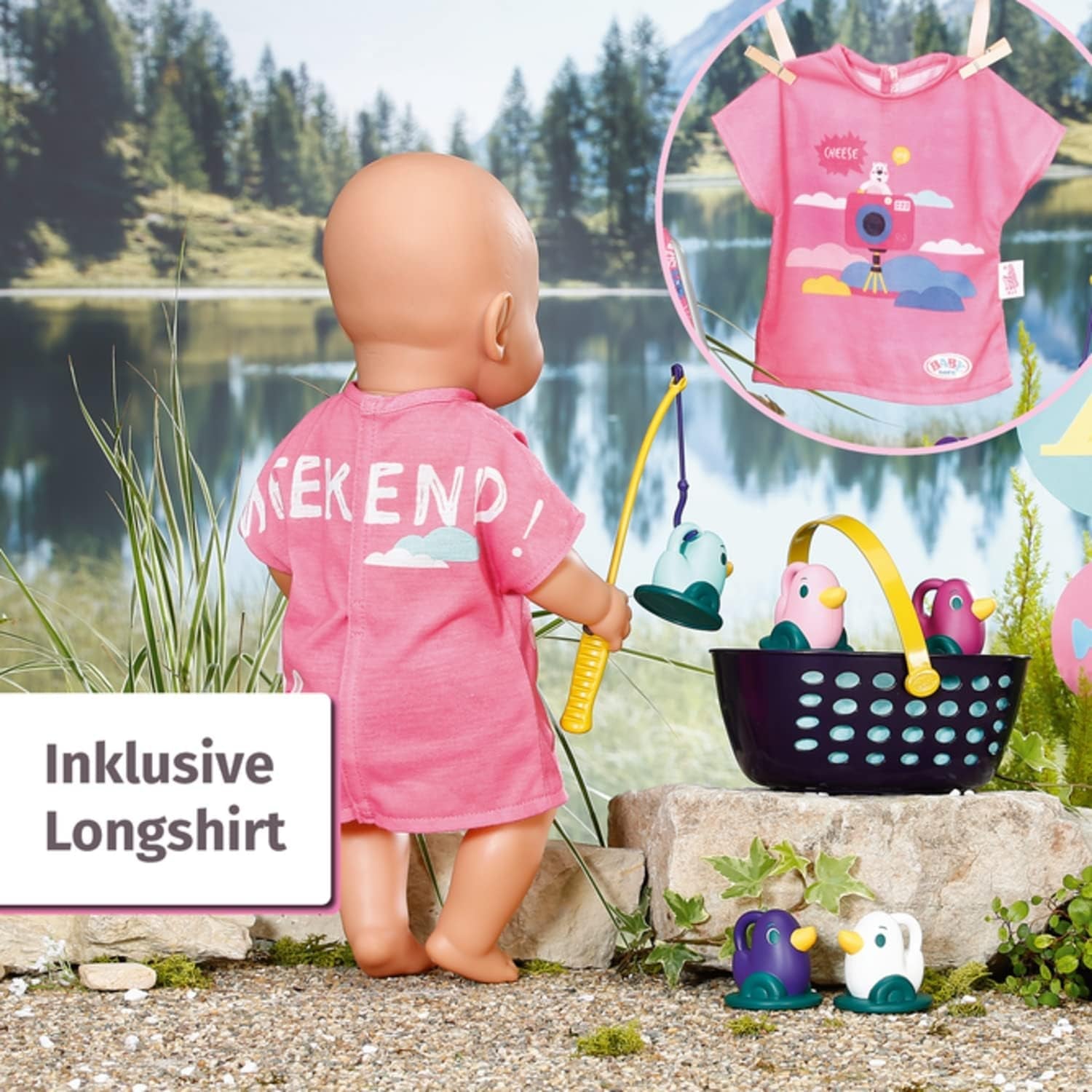 BABY born 832790 Weekend Fishing – Angelpuppen-Zubehörset mit lebendig bedruckter Liege, Beistelltisch, Glas, Korb, Entenküken und Angelrute sowie rosa langem Hemd, Pink