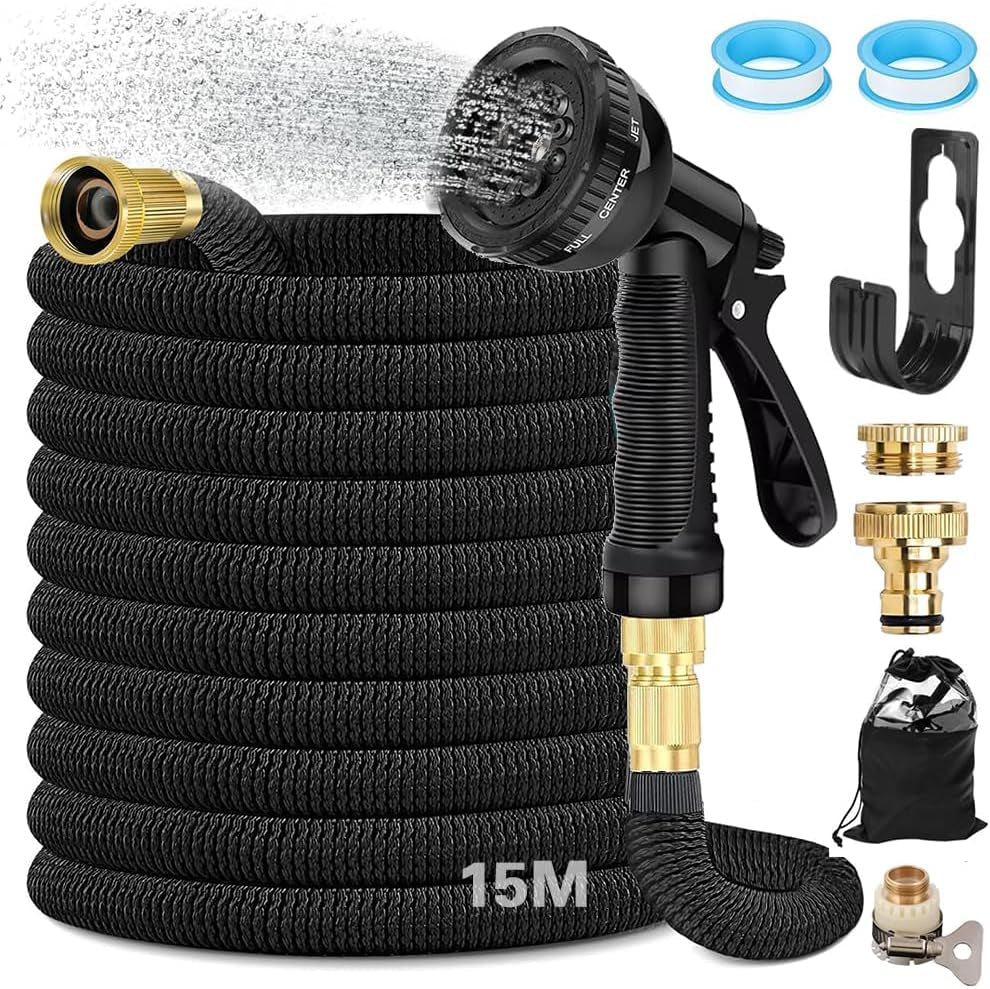 15 m flexibler ausziehbarer Gartenschlauch, flexibler Wasserschlauch mit 8 Sprühfunktionen, 1/2 Zoll bis 3/4 Zoll flexibler Gartenschlauch, für Gartenbewässerung, Autowäsche, Waschen und Bewässern