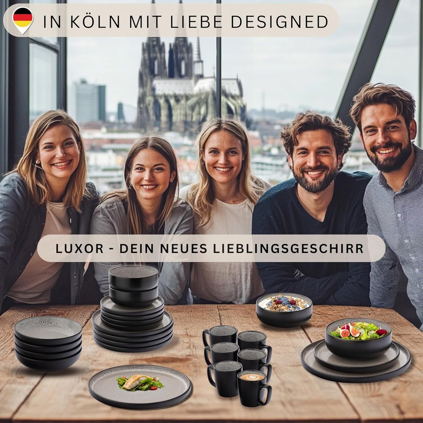 SÄNGER Luxor | Steingut-Geschirr-Set, 18-teilig, Teller-Set für 6 Personen, Geschirr-Set (6 Speiseteller, 6 Müslischalen, 6 Dessertteller), kratzfestes braun-beiges Geschirr | DIE VALUE-KOLLEKTION