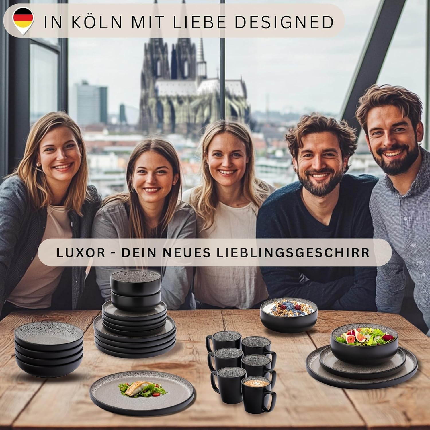 SÄNGER Luxor | Steingut-Geschirr-Set, 18-teilig, Teller-Set für 6 Personen, Geschirr-Set (6 Speiseteller, 6 Müslischalen, 6 Dessertteller), kratzfestes braun-beiges Geschirr | DIE VALUE-KOLLEKTION