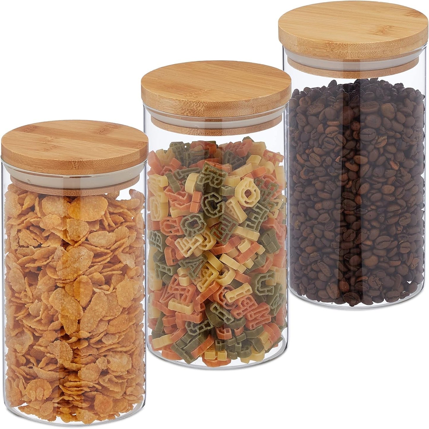 Relaxdays Vorratsdosen mit Bambusdeckel, 3er-Set, runde Glasdosen 1000 ml, auslaufsicher, klar/naturfarben, 18 x 10 cm, Frischhaltedosen, Naty Shop, transparent/naturfarben, 1000 ml