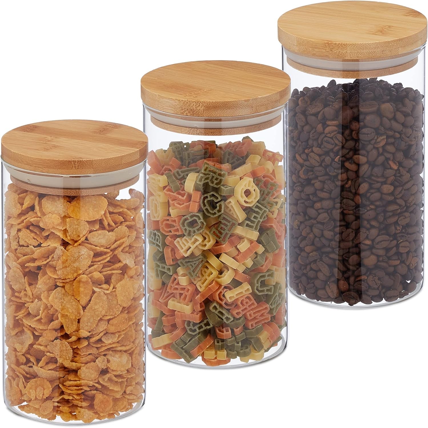 Relaxdays Vorratsdosen mit Bambusdeckel, 3er-Set, runde Glasdosen 1000 ml, auslaufsicher, klar/naturfarben, 18 x 10 cm, Frischhaltedosen, Naty Shop, transparent/naturfarben, 1000 ml