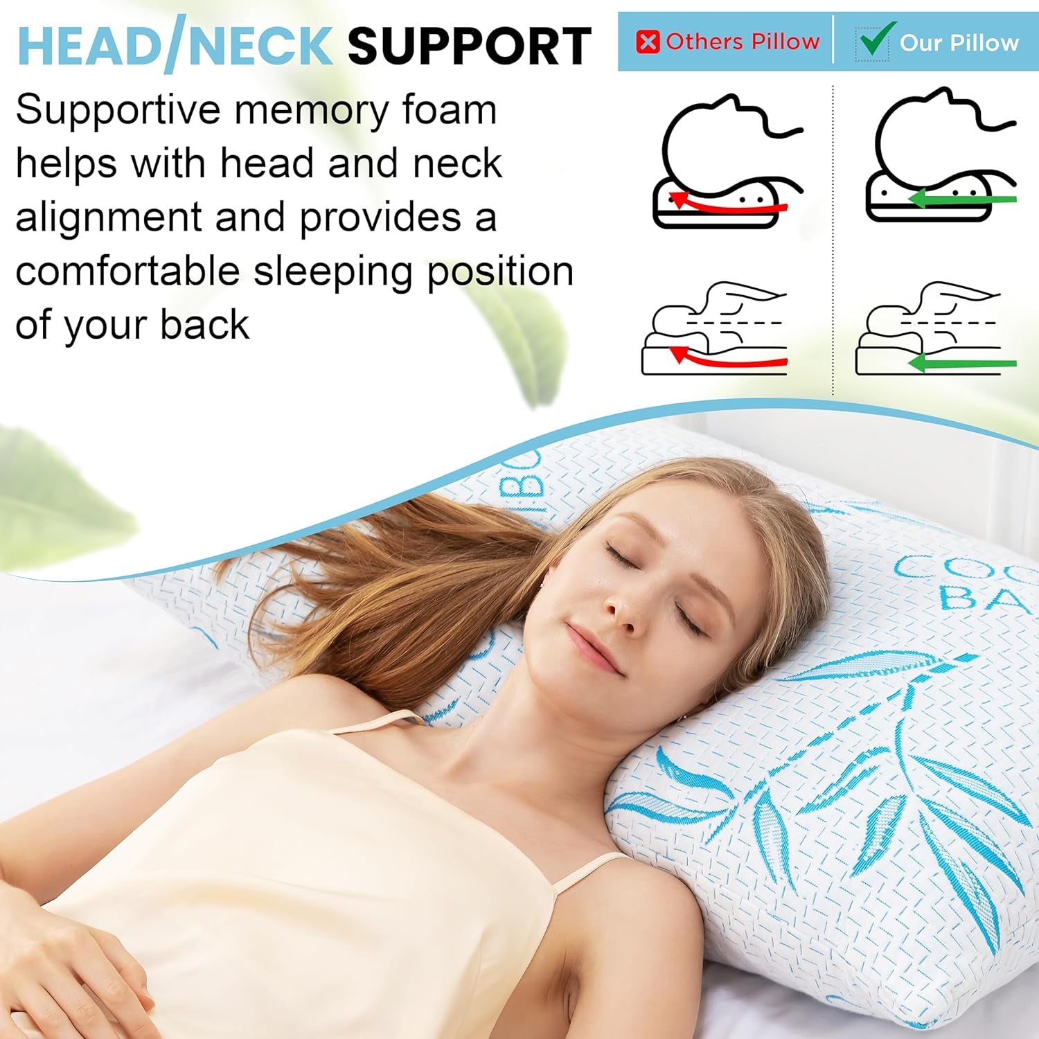 Comfysleep King-Size-Kissen aus Bambus-Viskose, kühlend, geschredderter Memory-Schaum, verstellbarer Bezug aus Bambus-Viskose, abnehmbarer/waschbarer Bezug, 2 Stück, Naty Shop Standard-Kissen