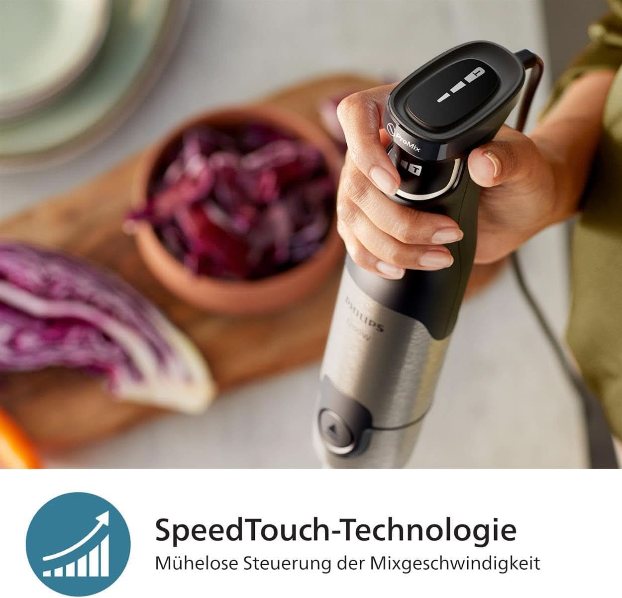 Philips 5000-Serie Stabmixer - 1200W Leistung. Promix-Technologie. LED-Geschwindigkeitsanzeiger. Stufenlose Geschwindigkeitseinstellung. Kompaktes Design. Leicht Zu Reinigen. Schwarz (HR2681/00) Küche Naty Shop