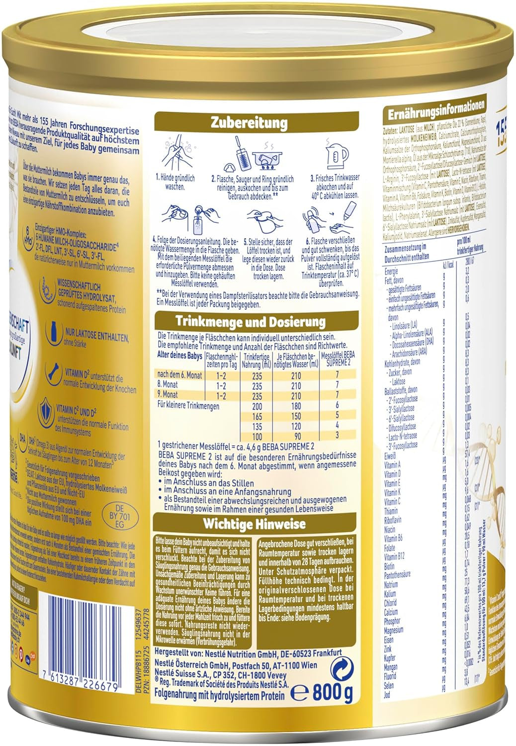 BEBA SUPREME 2 Folgemilch nach 6 Monaten, nur Laktose, palmölfrei, 6er Pack (6 x 800g) Naty Shop