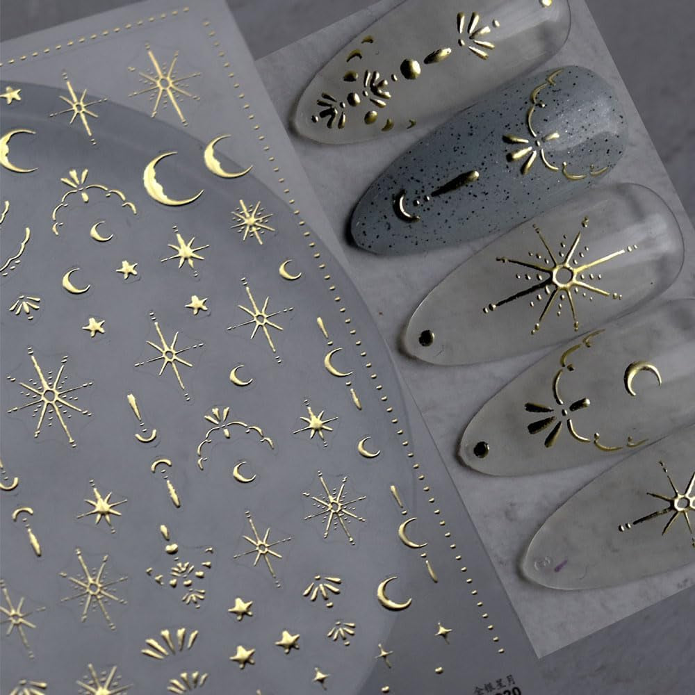 Goldene Stern- und Mond-Nagelaufkleberbögen, Engelsflügel, hellbraune goldene Nagelaufkleber, Sterne, Nagelfolie, Nagelaufkleber, Nageldesign-Zubehör, Nagelaufkleber