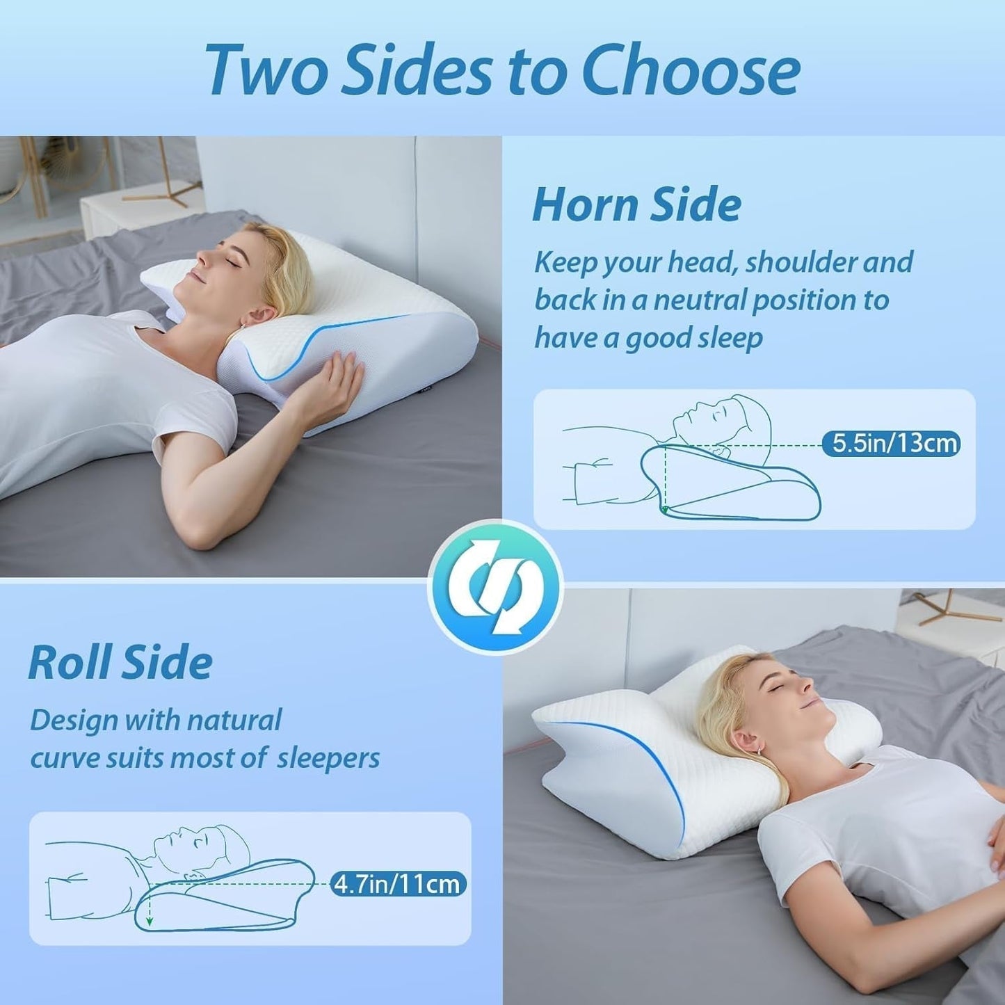 HOMCA Nackenkissen Orthopädisches Kissen 2-in-1-Memory-Schaum-Kissen Nackenstützkissen Ergonomisches Kopfkissen für Rücken-, Seiten- und Bauchschmerzen 60 x 13/11 x 40 cm Naty Shop Orthopädische Nackenkissen