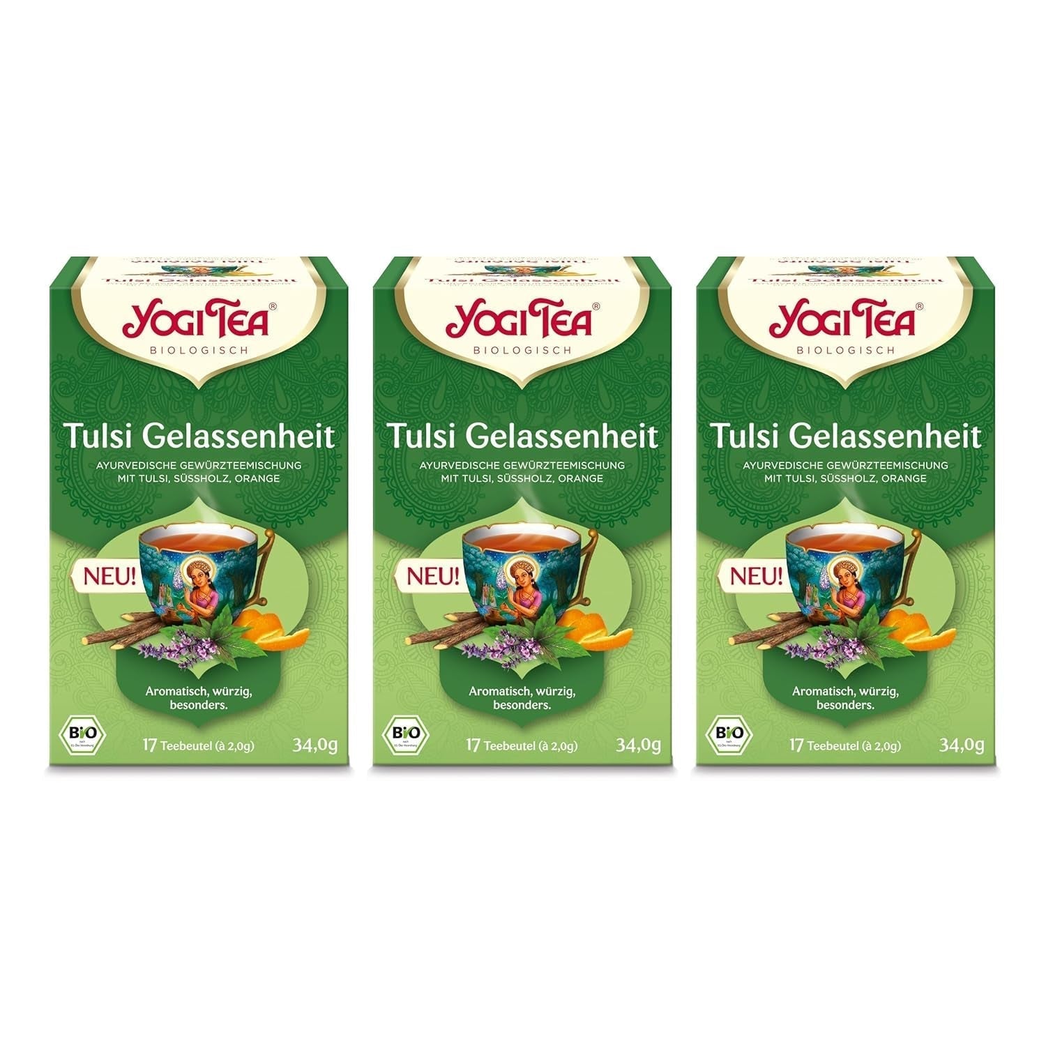 Yogi Tea – Tulsi Serenity Bio-Ayurvedischer Kräutertee, koffeinfreie Tulsi-Mischung aus der Natur, „Heiliges“ Basilikum, Lakritze und Orange, Yogi-Tee, 3er-Pack, 3 x 17 Teebeutel (51 Teebeutel)