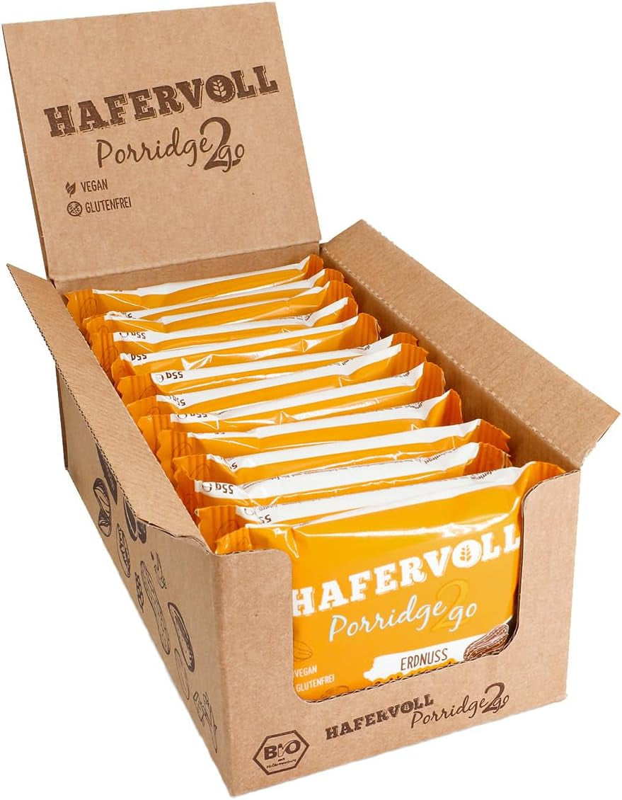 Hafervoll Porridge2go Erdnussbutter und Nüsse, 13 Riegel x 55 g – Vegan, Bio, Glutenfrei, Snack ohne Zuckerzusatz, mit Hafer, Datteln und Quinoa-Süßigkeit