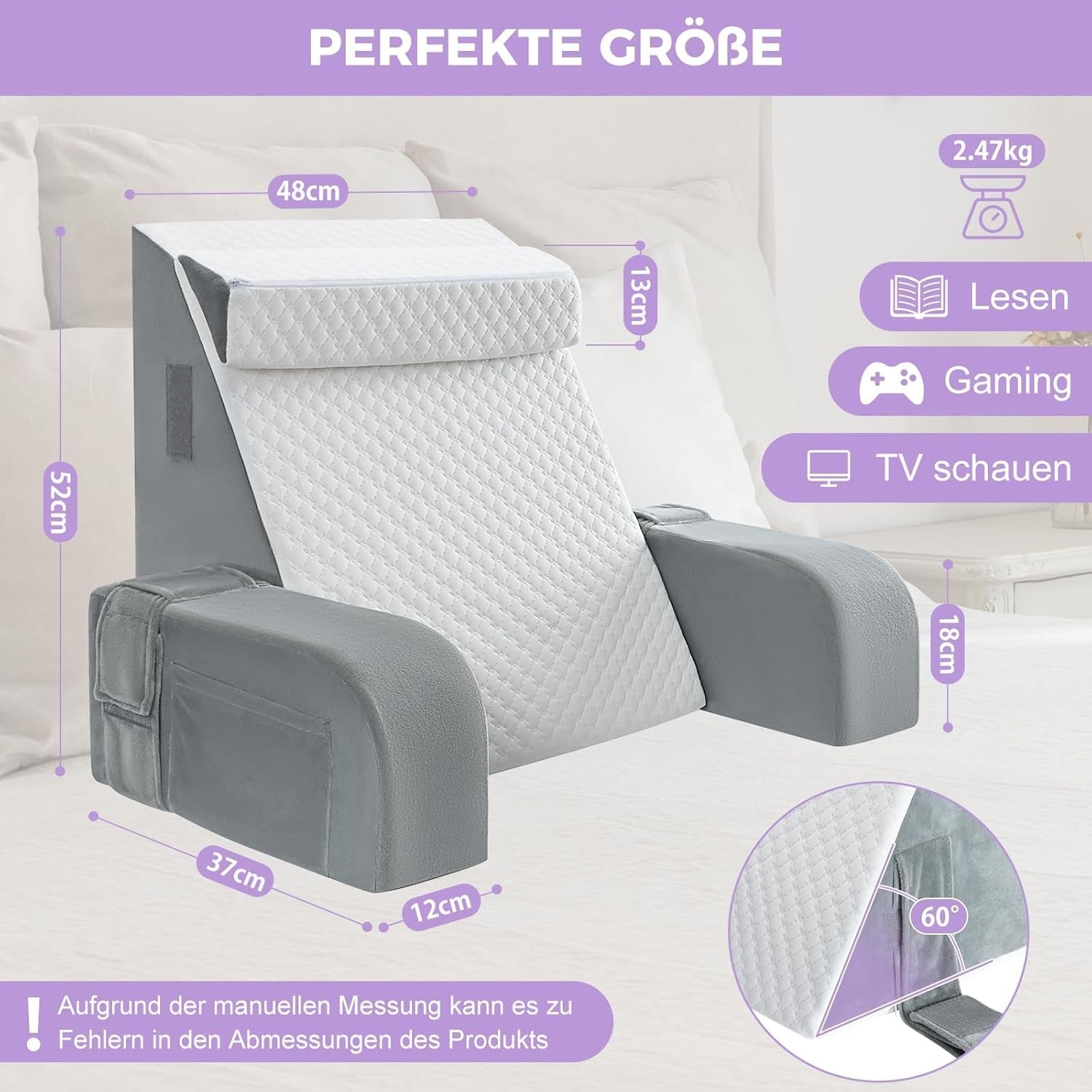 Großes Lesekissen mit Griffstange, hochdichtem Schaumstoff, ergonomischem Rückenkissen, Armlehnen, Nackenstütze und Kopfstütze, Liegesitzkissen zum Schlafen, Spielen, Fernsehen, für Bett und Sofa