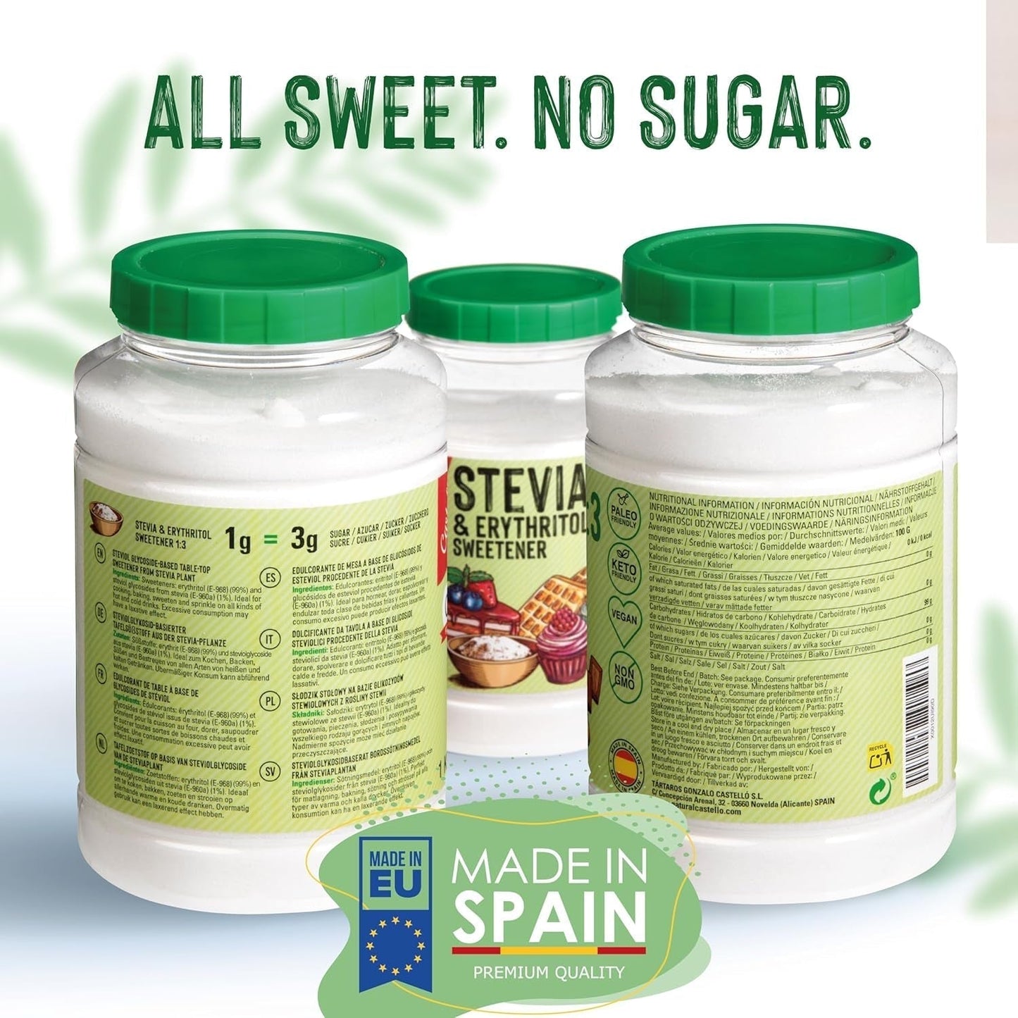 Stevia + Erythritol 1:3 Süßstoff | 1G = 3G Zucker | 100 % natürlicher Zuckerersatz – 0 Kalorien – 0 glykämischer Index – Keto und Paleo – 0 Netto-Kohlenhydrate – kein GVO – Castello seit 1907 – 1 kg Süßstoffe Naty Shop