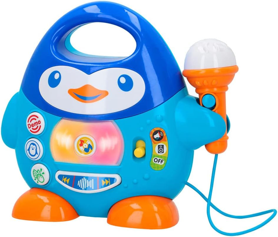 WinFun Karaoke-Musikplayer, Pinguin-Design, mit blinkenden Lichtern und Echoeffekten, in Blau, verspielter Stil, USB-Anschluss Babyspielzeug Naty Shop