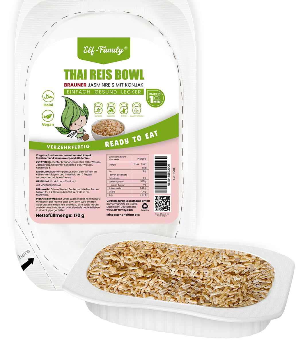 Elf-Family Konjak Reis Thai Brauner Shirataki Bowl -[Diätbox für 1 Wo.] - Instant Jasmin Reis - Fertiggerichte für Mikrowelle - Natürlich Superfoods Mikronährstoffe - Vegan/Low Carb/Fettfrei- 6er Box