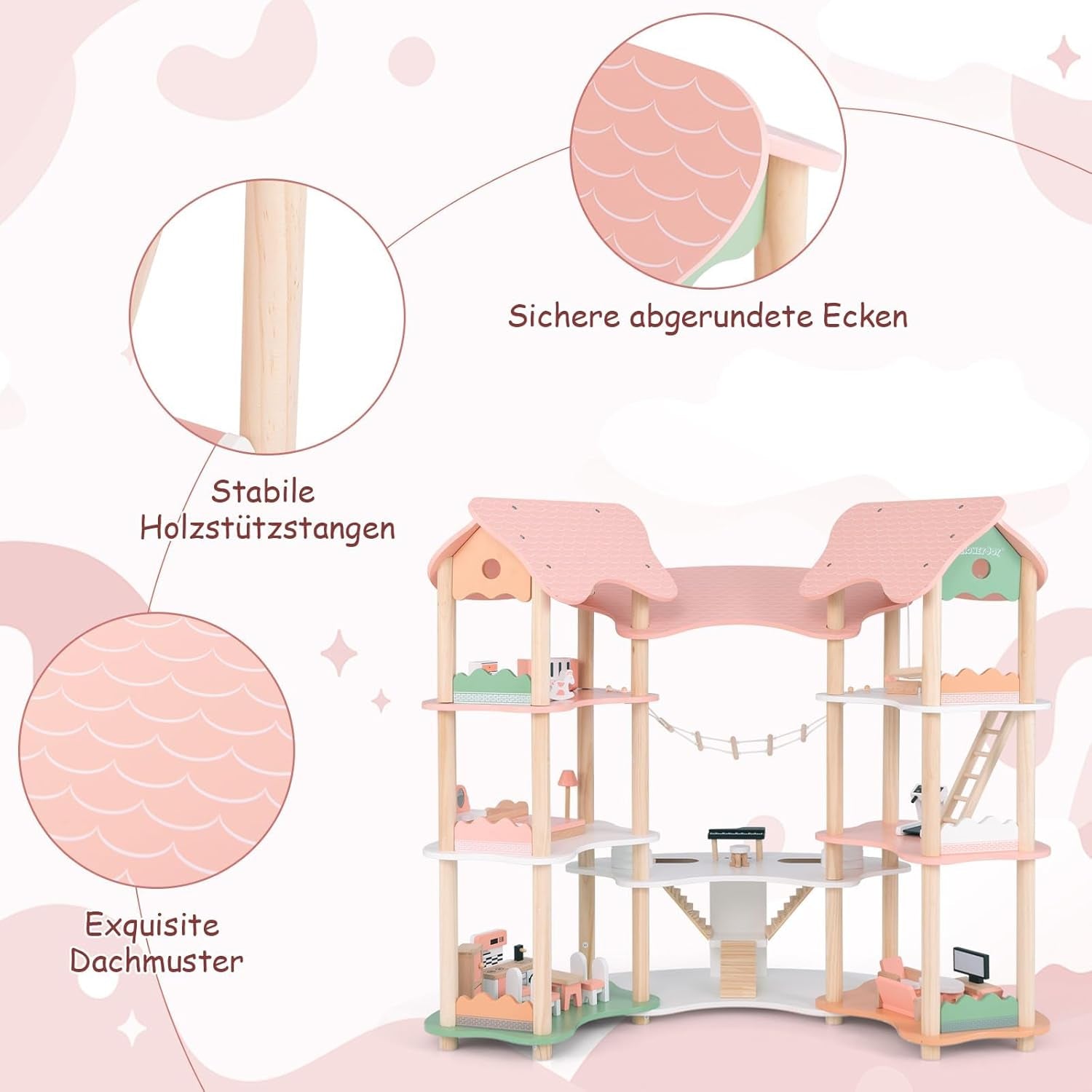 FANTASK Puppenhaus aus Holz, 85 cm hoch, 7-Zimmer-Puppenhaus mit 32 Möbeln und Zubehör, Puppenhaus mit Strickleiter, Puppenhaus-Geschenk für 3-jährige Mädchen (Modell 3) Naty Shop Puppenhäuser