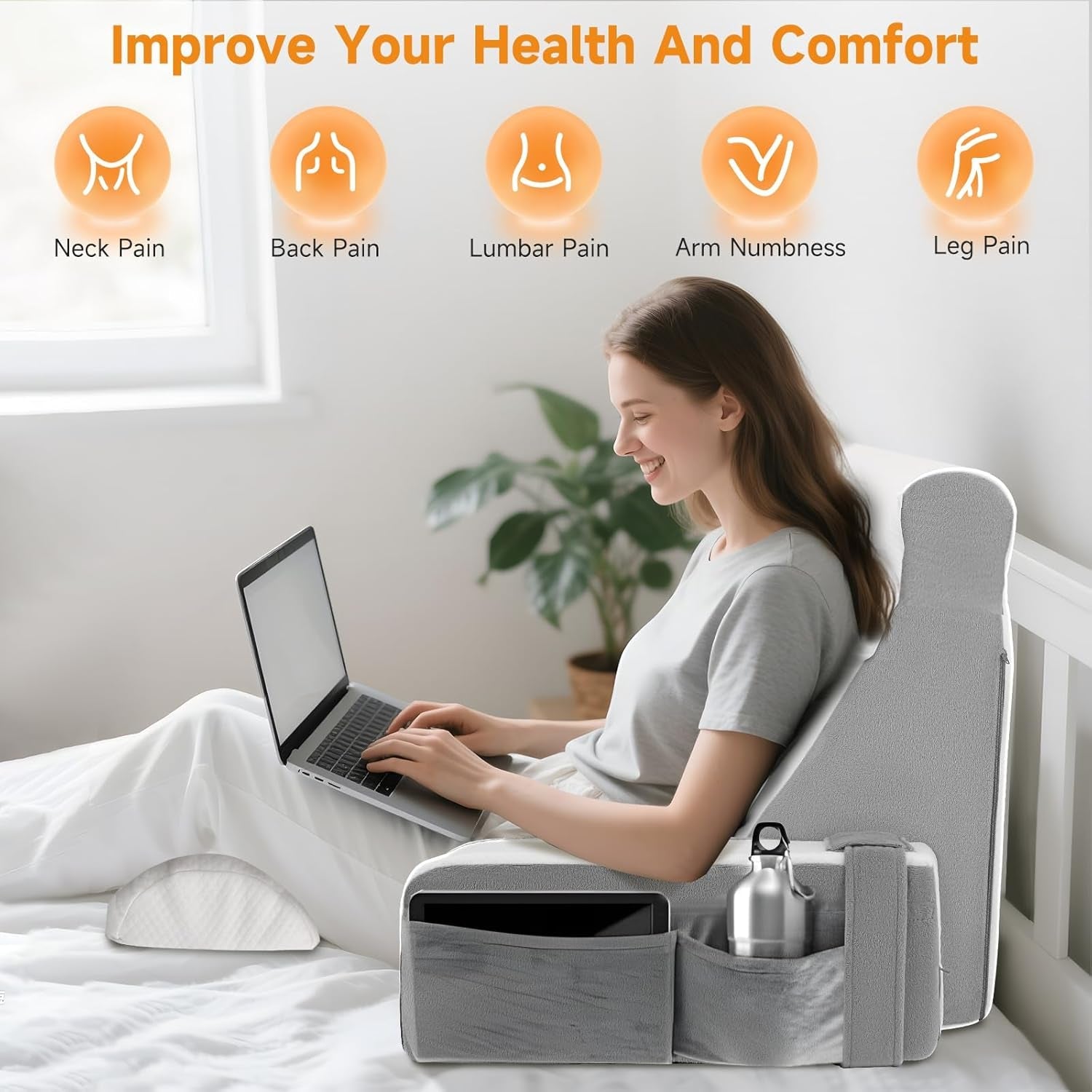 Großes Lesekissen mit abnehmbarer Nackenstütze und Armlehnen, Rückenkissen fürs Bett, ergonomisches Rückenkissen mit Armlehne, Tasche und waschbarem Bezug zum Lesen und Fernsehen.
