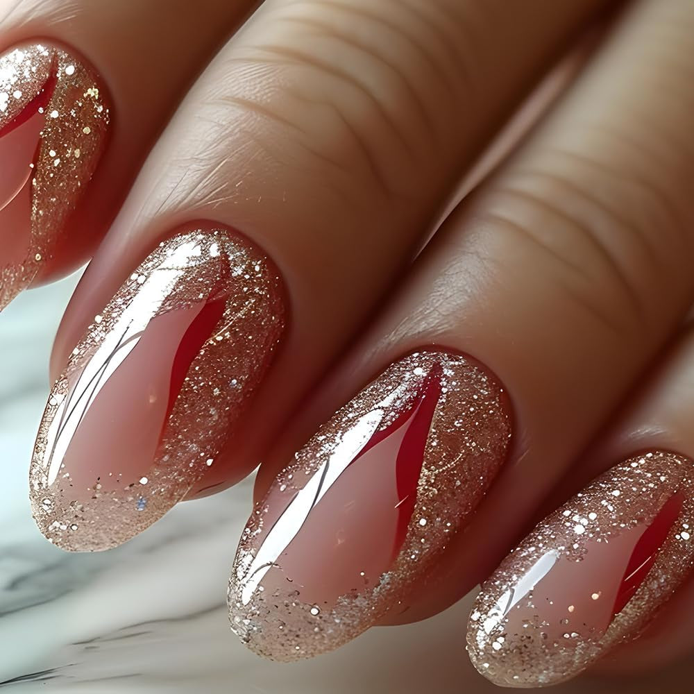 24-teiliges kurzes Press-on-Nägel-Gold-Glitzer-Kunstnägel-Kleber auf rotem Swirl-Kleber-Nägel-Set, Acrylnägel, Damen-Accessoires