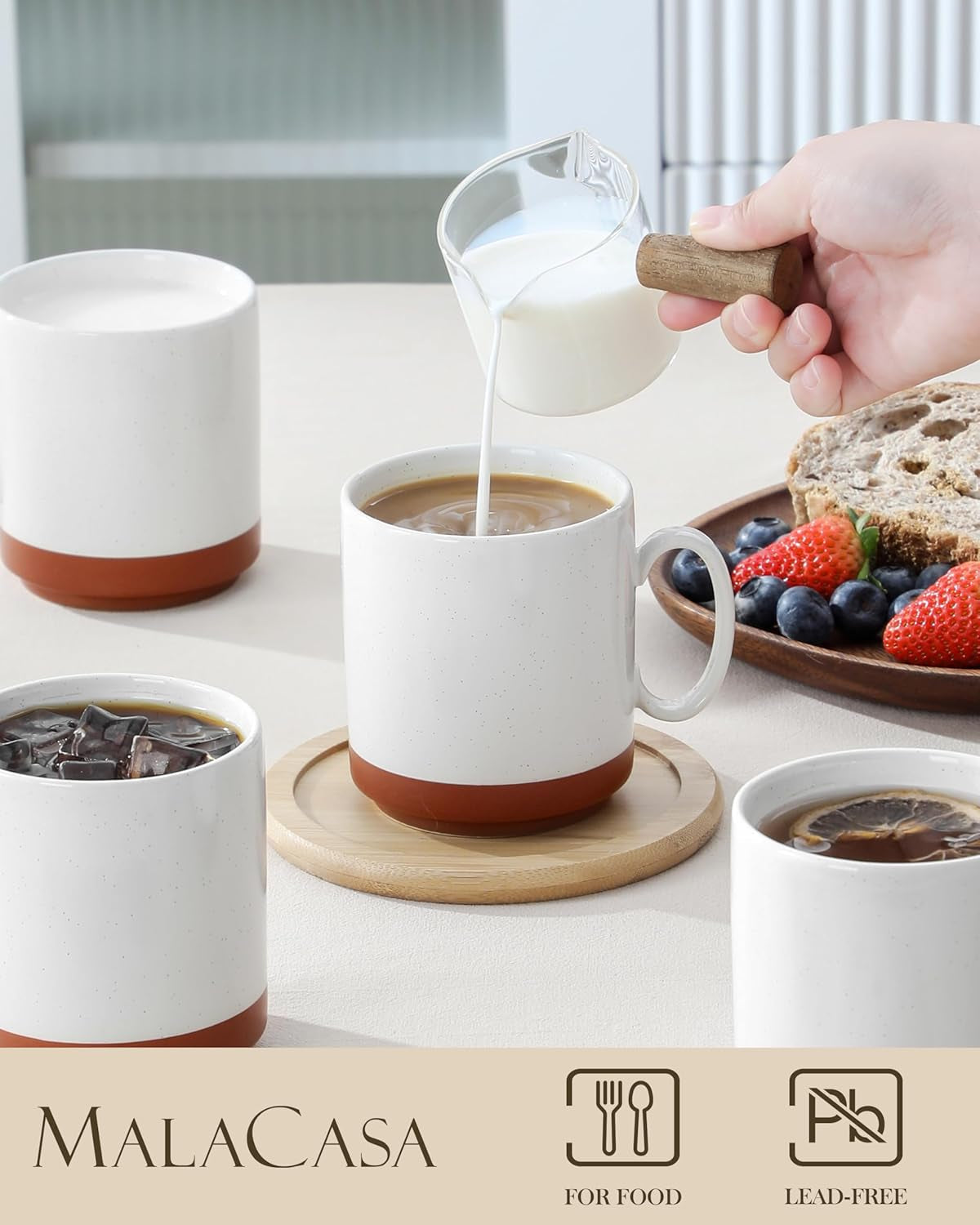 MALACASA Kaffeebecher-Set, 350 ml Steinzeugbecher-Set für 4 Personen, moderne Kaffeebecher für Tee, Saft, Latte, Cappuccino, heiße Schokolade. Spülmaschinen- und mikrowellengeeignet, TARA-Serie, Khakiweiß