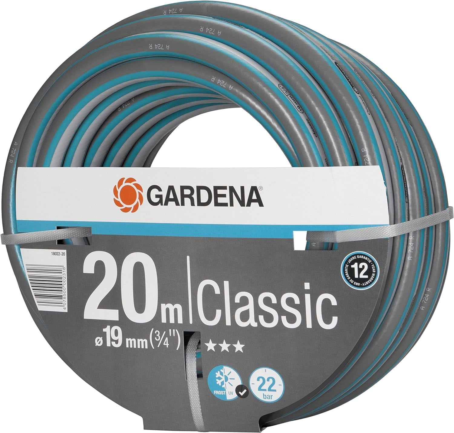 Gardena Classic Schlauch 19 mm (3/4 Zoll), 20 m: Universeller Gartenschlauch aus robustem Gewebe, kreuzgewebt, 22 bar Berstdruck, UV-beständig, keine Systemkomponenten, 12 Jahre Garantie (18022-20)