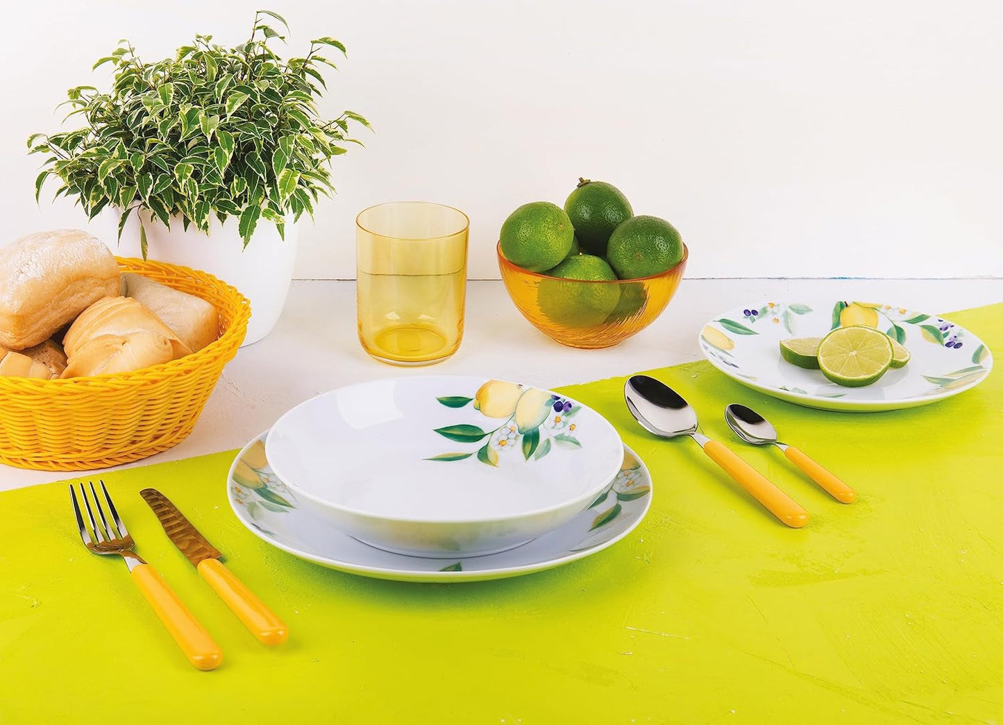 Excelsa Lemon Geschirrset, 18-teilig, Porzellan, Weiß/Zitrone