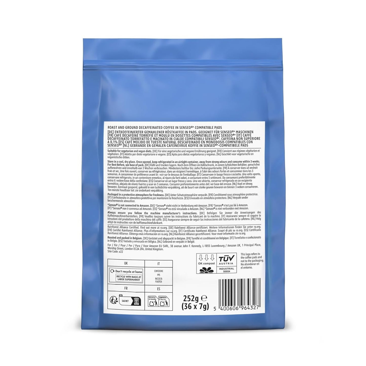 von Amazon Entkoffeinierte 100% Arabica-Kaffeepads, geeignet für Senseo-Maschinen, mittlere Röstung, 36 Stück (1 Packung mit 36 ​​Stück) – Rainforest Alliance-zertifiziert