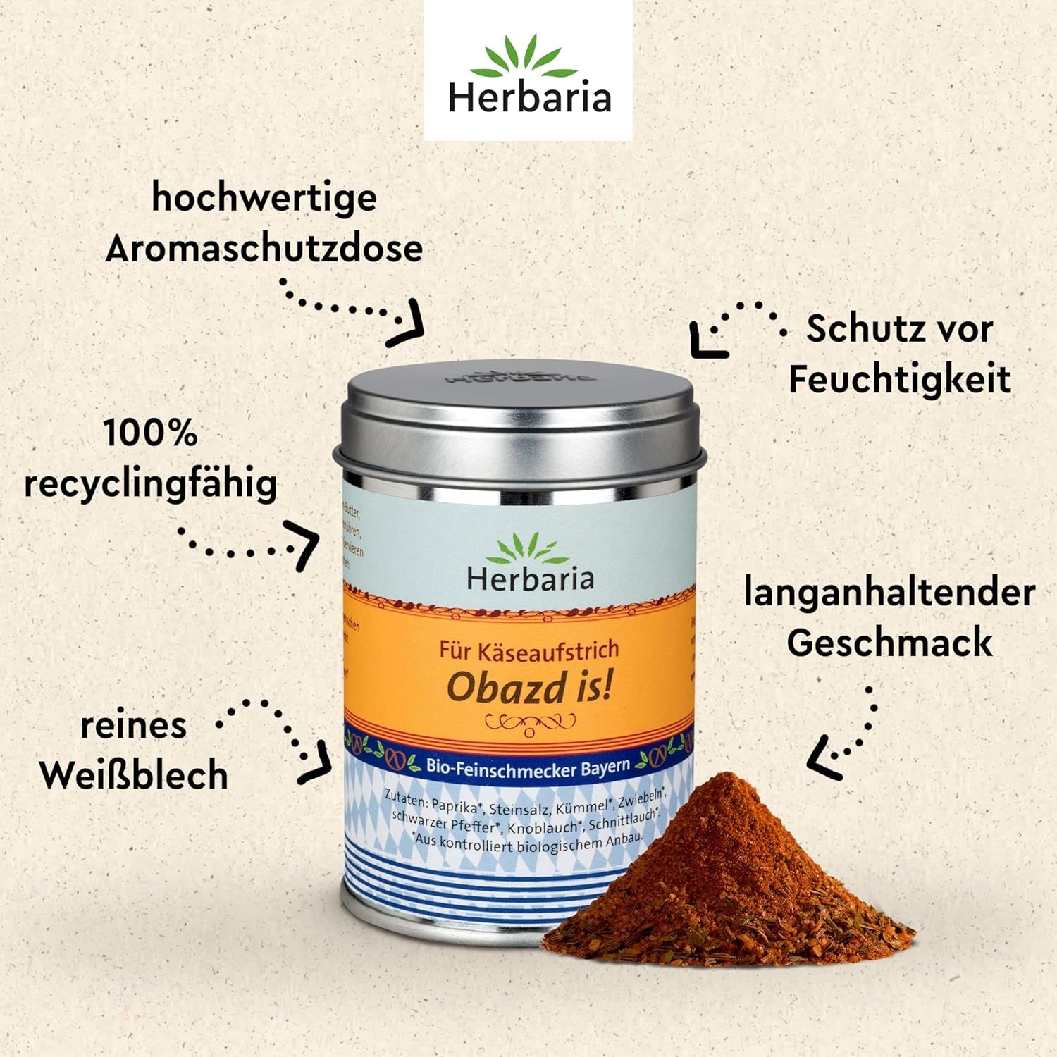 Herbaria Obazd ist! bio 90g M-Dose – Bio-Gewürzmischung bayerischen Biergartenklassiker Obazda – für Brotaufstriche, Käsegerichte, Käsefondue – Raclette Gewürze – in nachhaltiger Aromaschutz-Dose