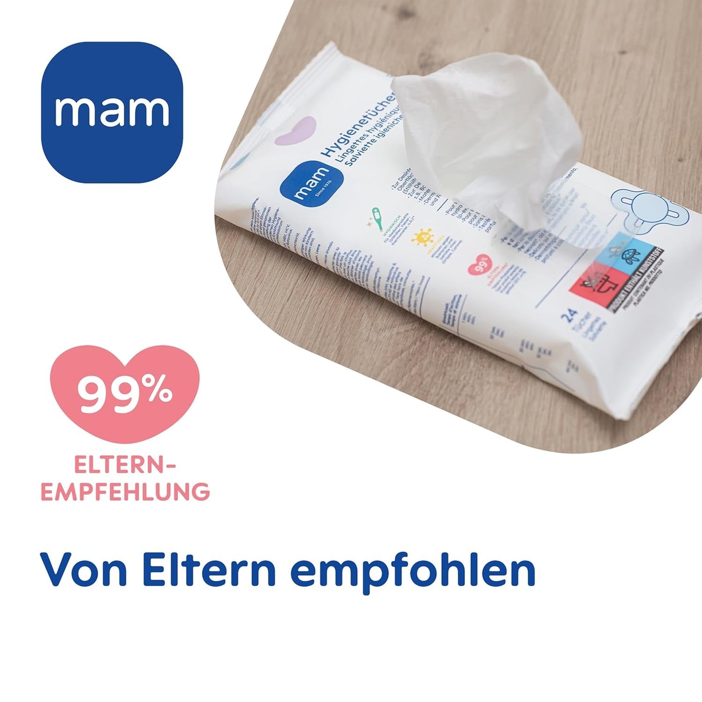 MAM Damenbinden 3er-Pack (3 x 24 Stück), Reinigungstücher für medizinische Geräte und Babyzubehör, antibakterielle und virenwirksame Damenbinden