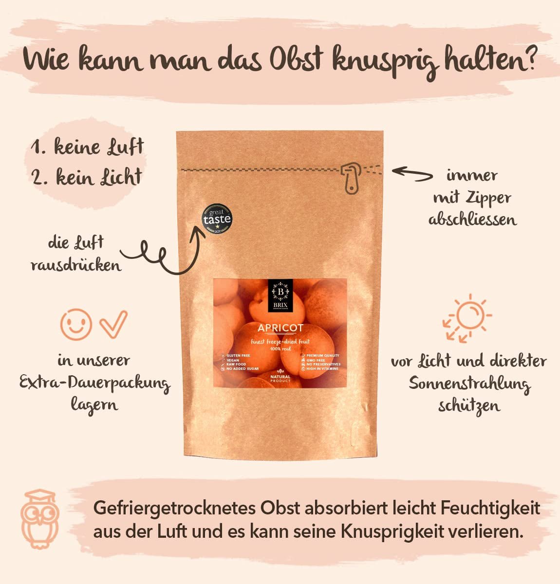 Gefriergetrocknete Aprikosen BRIX | Natürliche, getrocknete Aprikosen 85 g | Great Taste Award für Trockenfrüchte, getrocknet | GVO-frei, glutenfrei, vegan, konservierte Vitamine Naty Shop dehydrierte Produkte