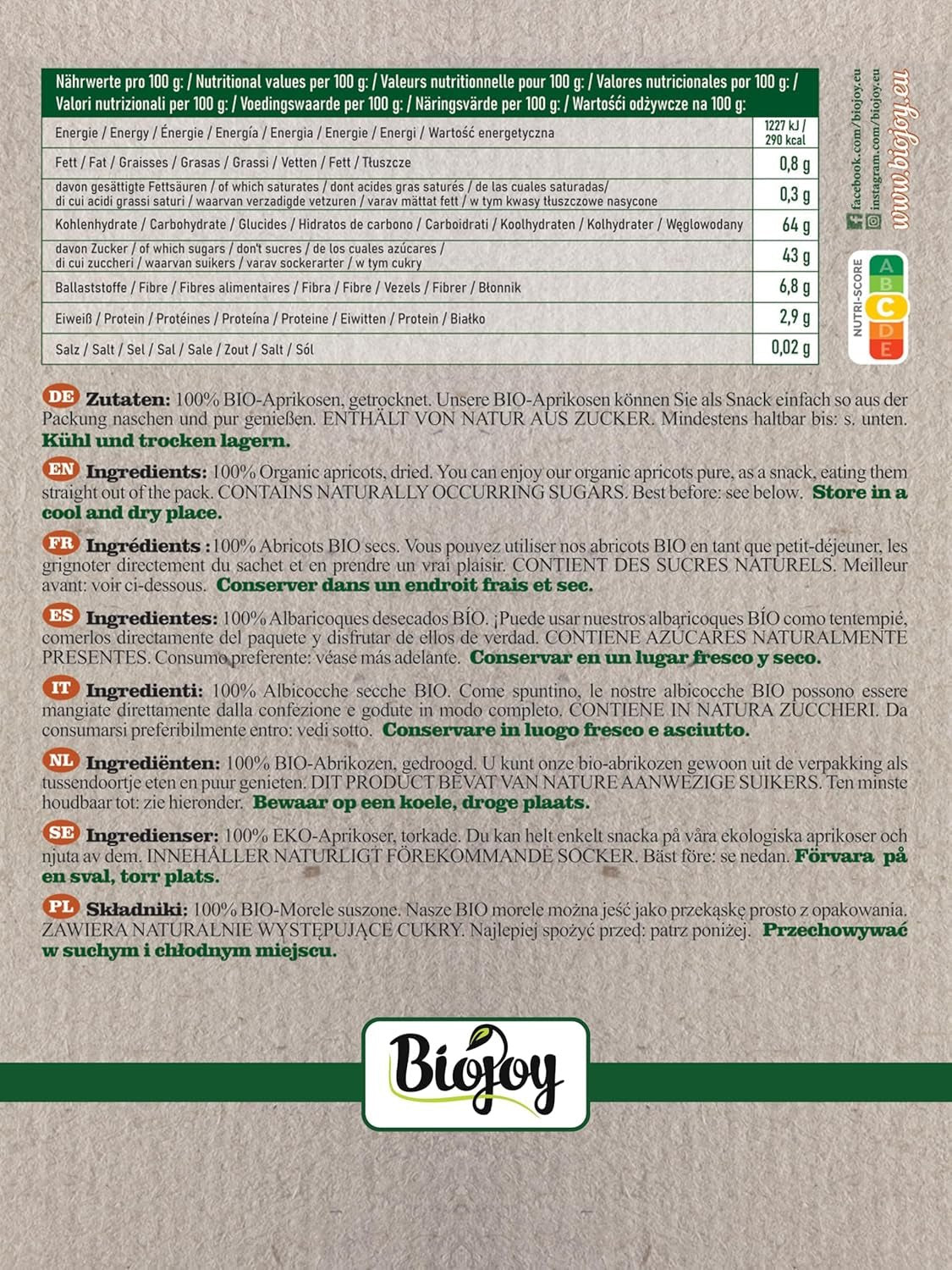 Biojoy getrocknete Aprikosen (500 g), ungeschwefelt Dehydrierte Produkte Mein Shop