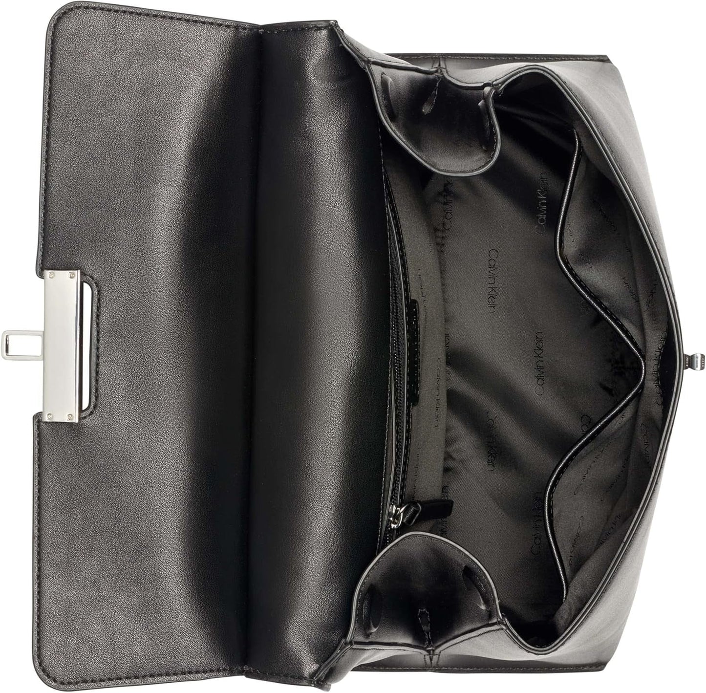 Calvin Klein Turnlock-Umhängetasche für Damen – 2 in 1, veganes Leder, 3 Taschen, Becky Turnlock-Umhängetasche, Schwarz/Silber, Damentaschen, Naty Shop